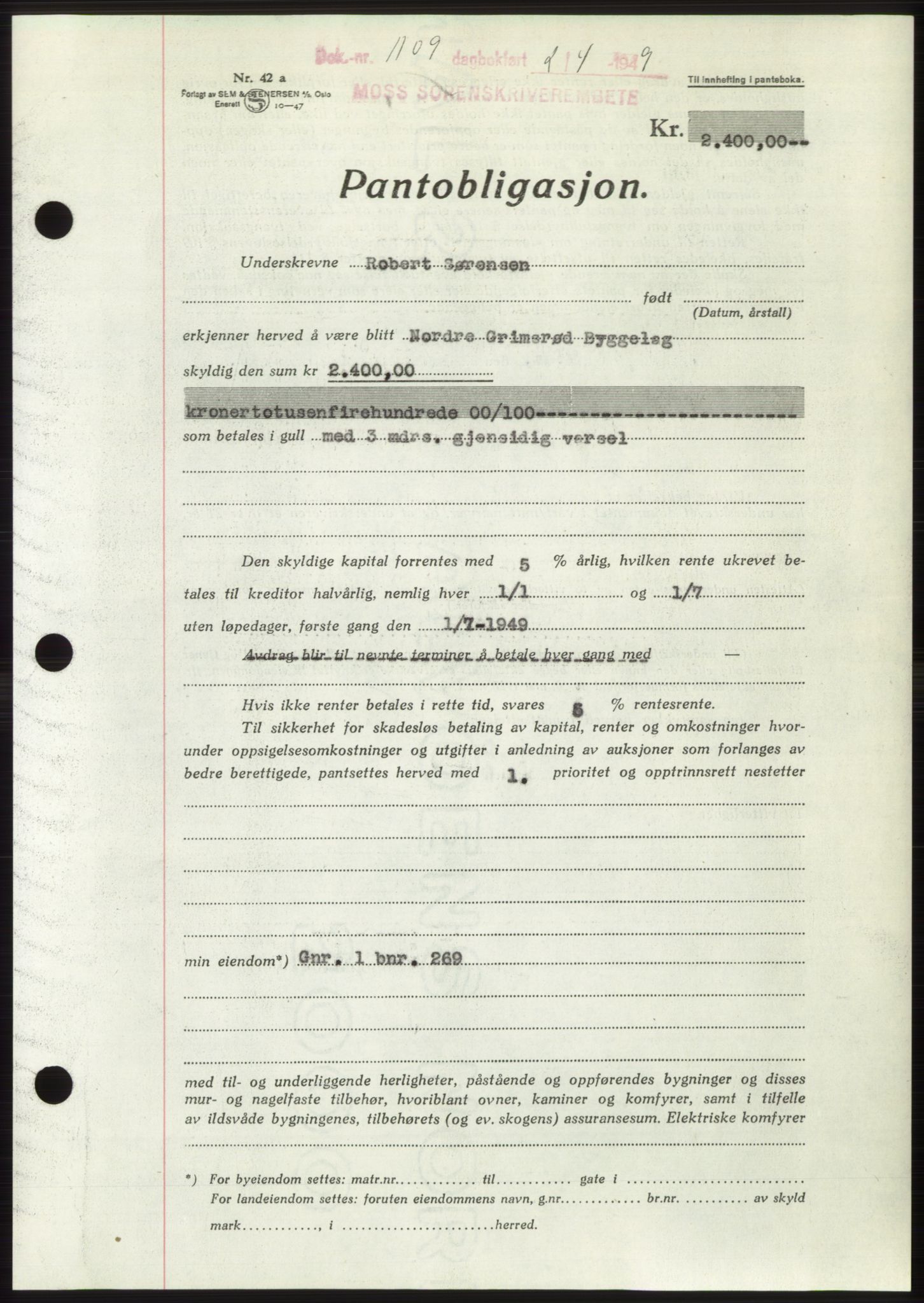 Moss sorenskriveri, SAO/A-10168: Pantebok nr. B21, 1949-1949, Dagboknr: 1109/1949