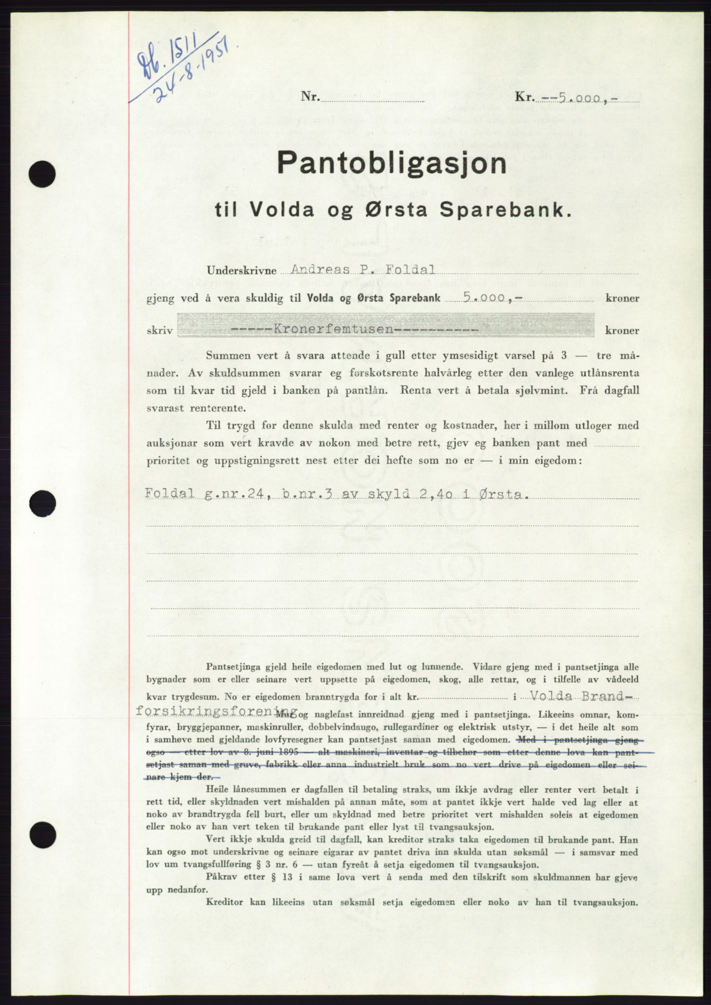 Søre Sunnmøre sorenskriveri, AV/SAT-A-4122/1/2/2C/L0120: Pantebok nr. 8B, 1951-1951, Dagboknr: 1511/1951