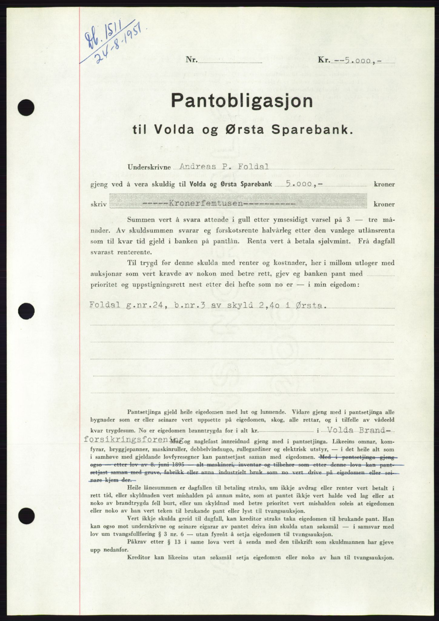 Søre Sunnmøre sorenskriveri, SAT/A-4122/1/2/2C/L0120: Pantebok nr. 8B, 1951-1951, Dagboknr: 1511/1951