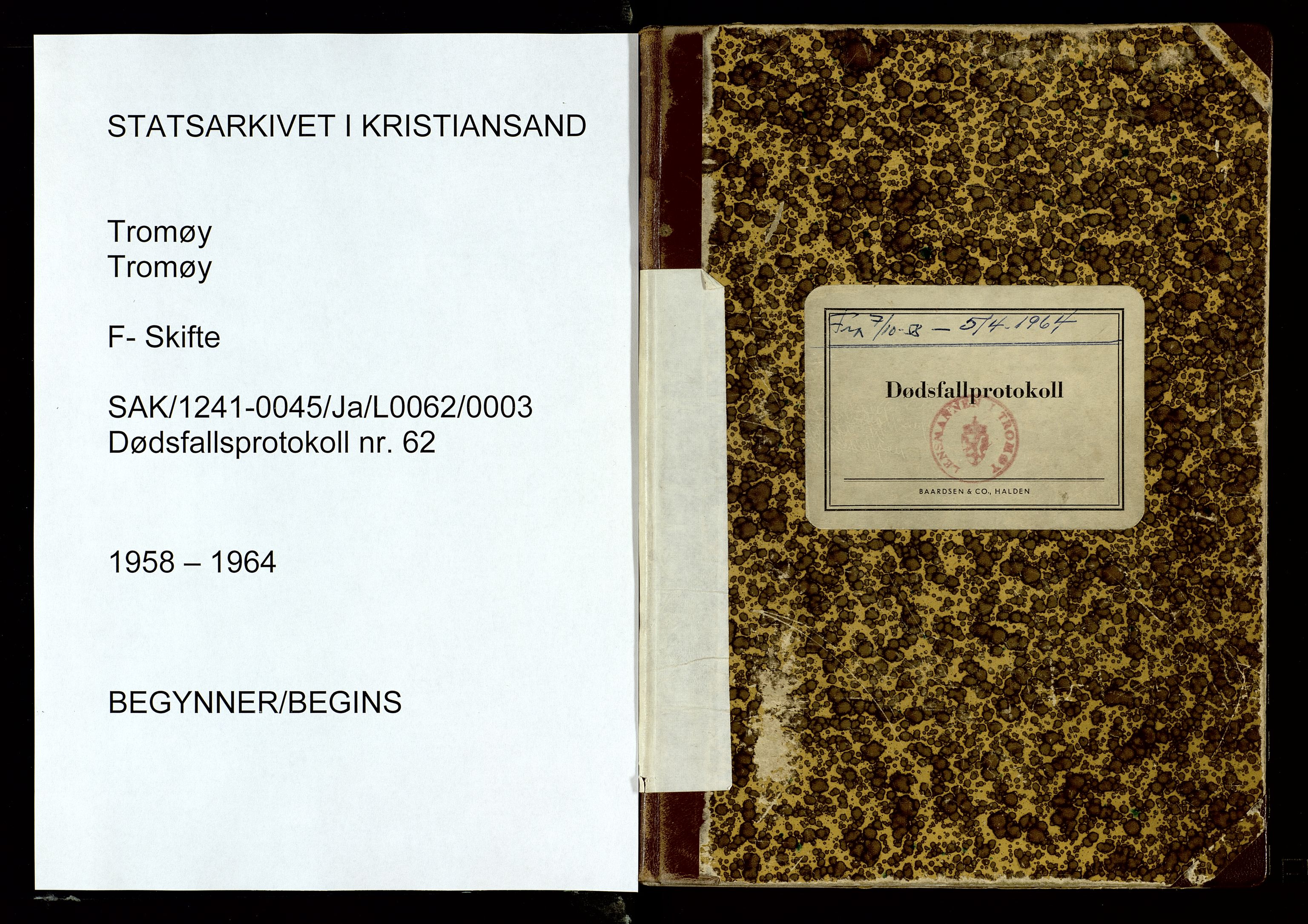 Tromøy lensmannskontor, SAK/1241-0045/Ja/L0062/0003: Dødsfallsprotokoller / Dødsfallsprotokoll, 1958-1964