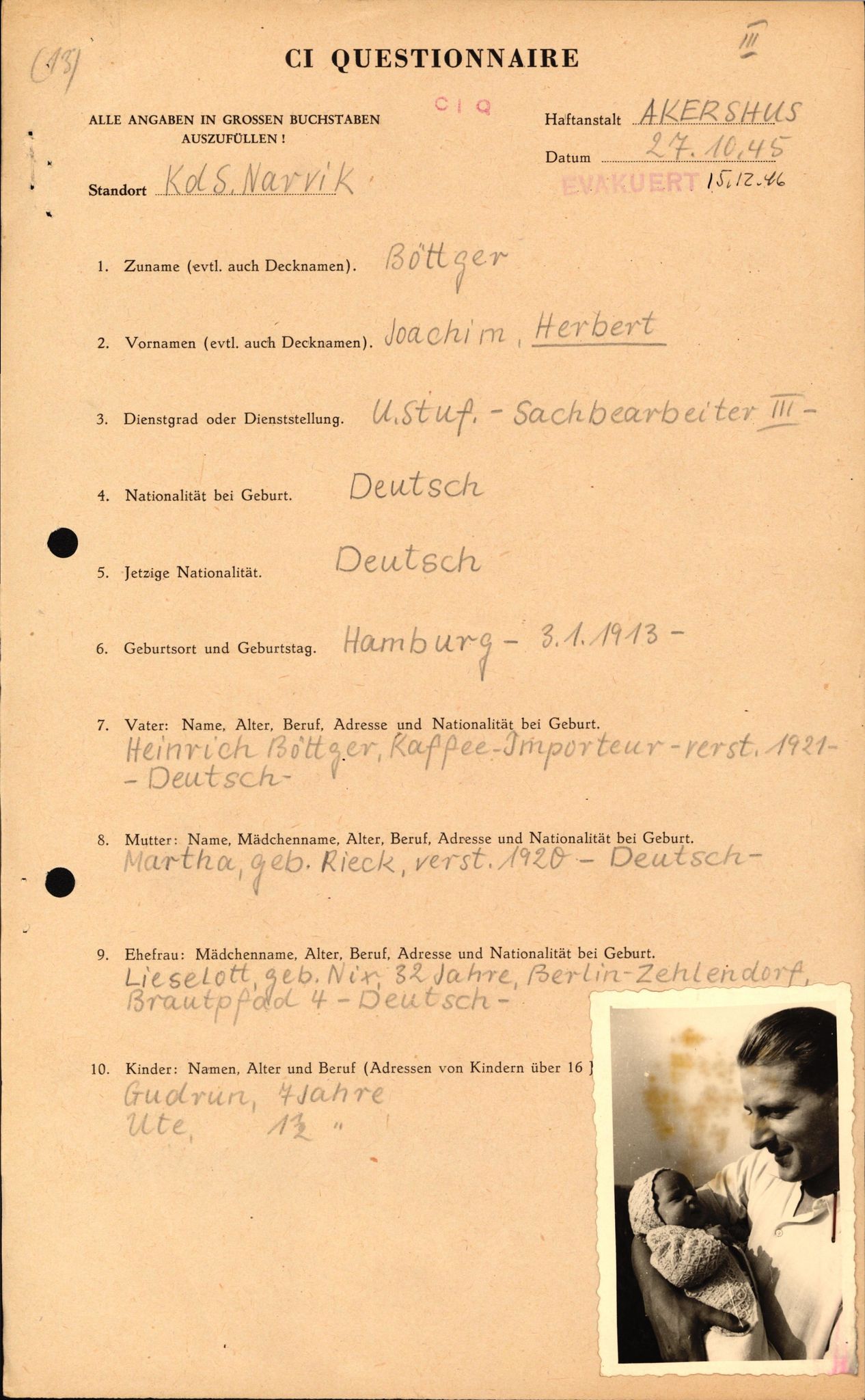 Forsvaret, Forsvarets overkommando II, AV/RA-RAFA-3915/D/Db/L0005: CI Questionaires. Tyske okkupasjonsstyrker i Norge. Tyskere., 1945-1946, s. 177