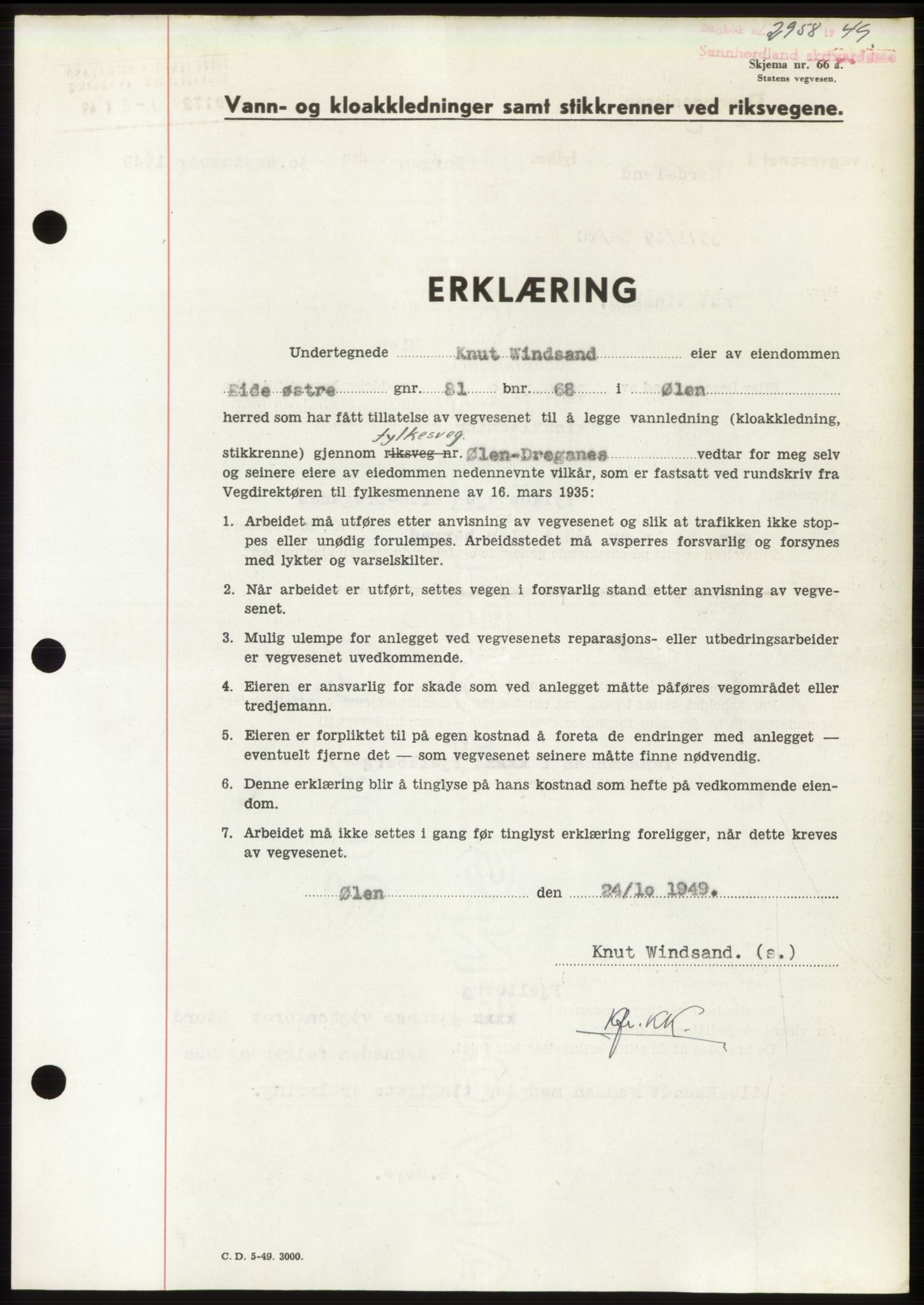 Sunnhordland sorenskrivar, AV/SAB-A-2401: Pantebok nr. B75-79, 1948-1950, Dagboknr: 2958/1949