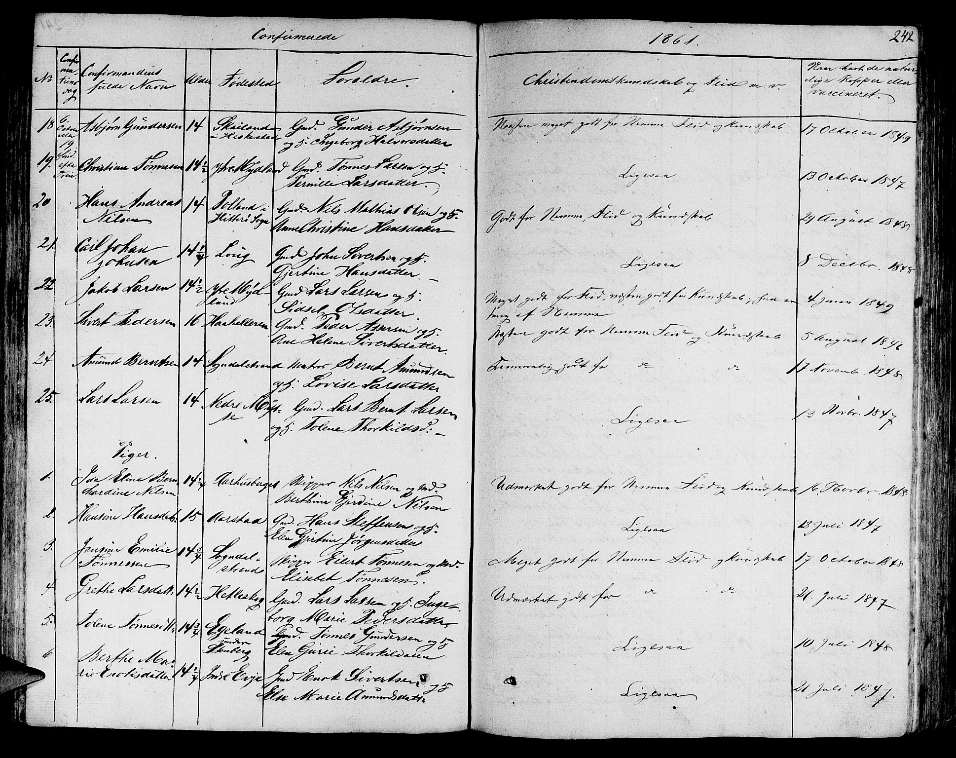 Sokndal sokneprestkontor, SAST/A-101808: Klokkerbok nr. B 2, 1849-1865, s. 242