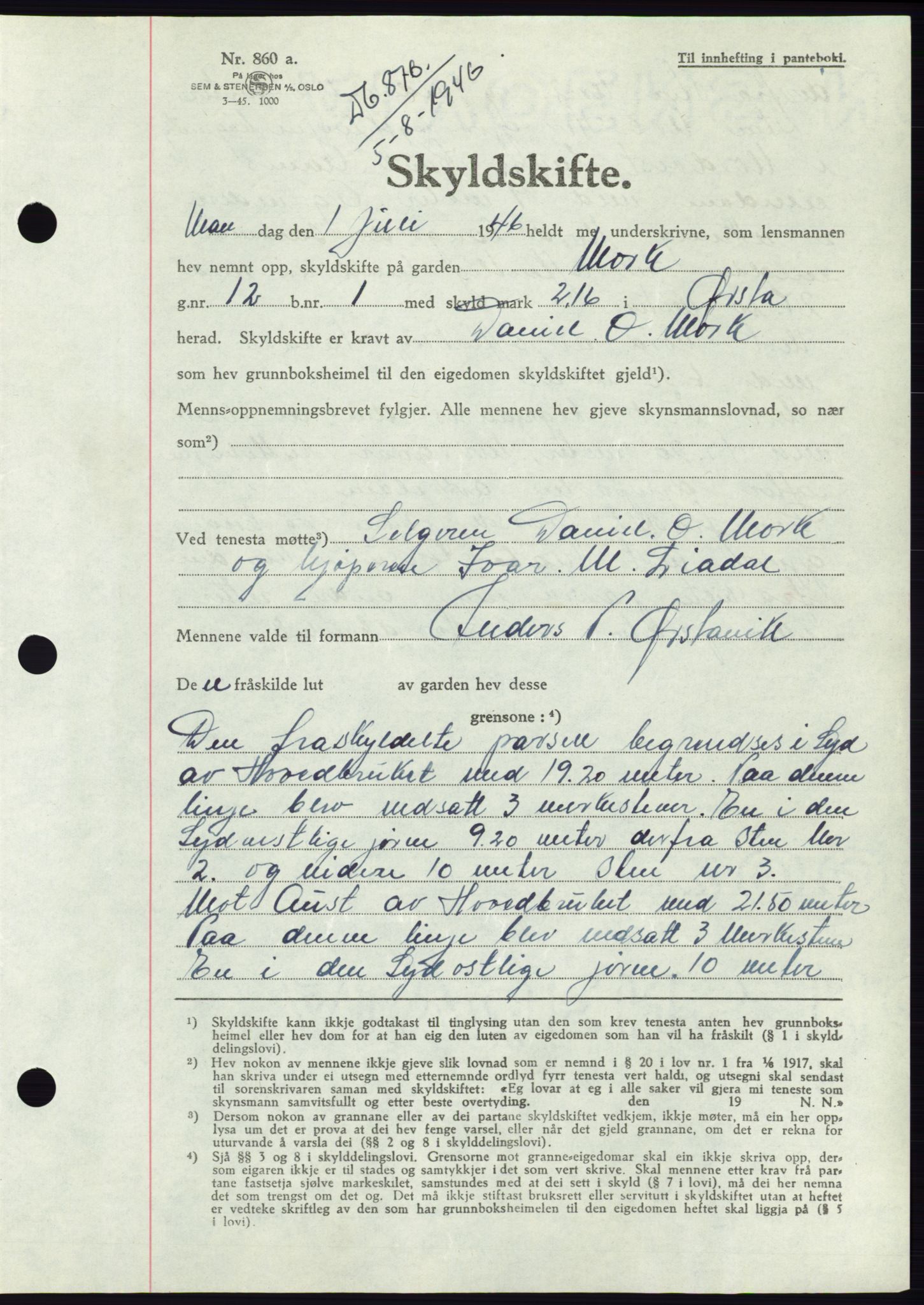 Søre Sunnmøre sorenskriveri, AV/SAT-A-4122/1/2/2C/L0078: Pantebok nr. 4A, 1946-1946, Dagboknr: 876/1946