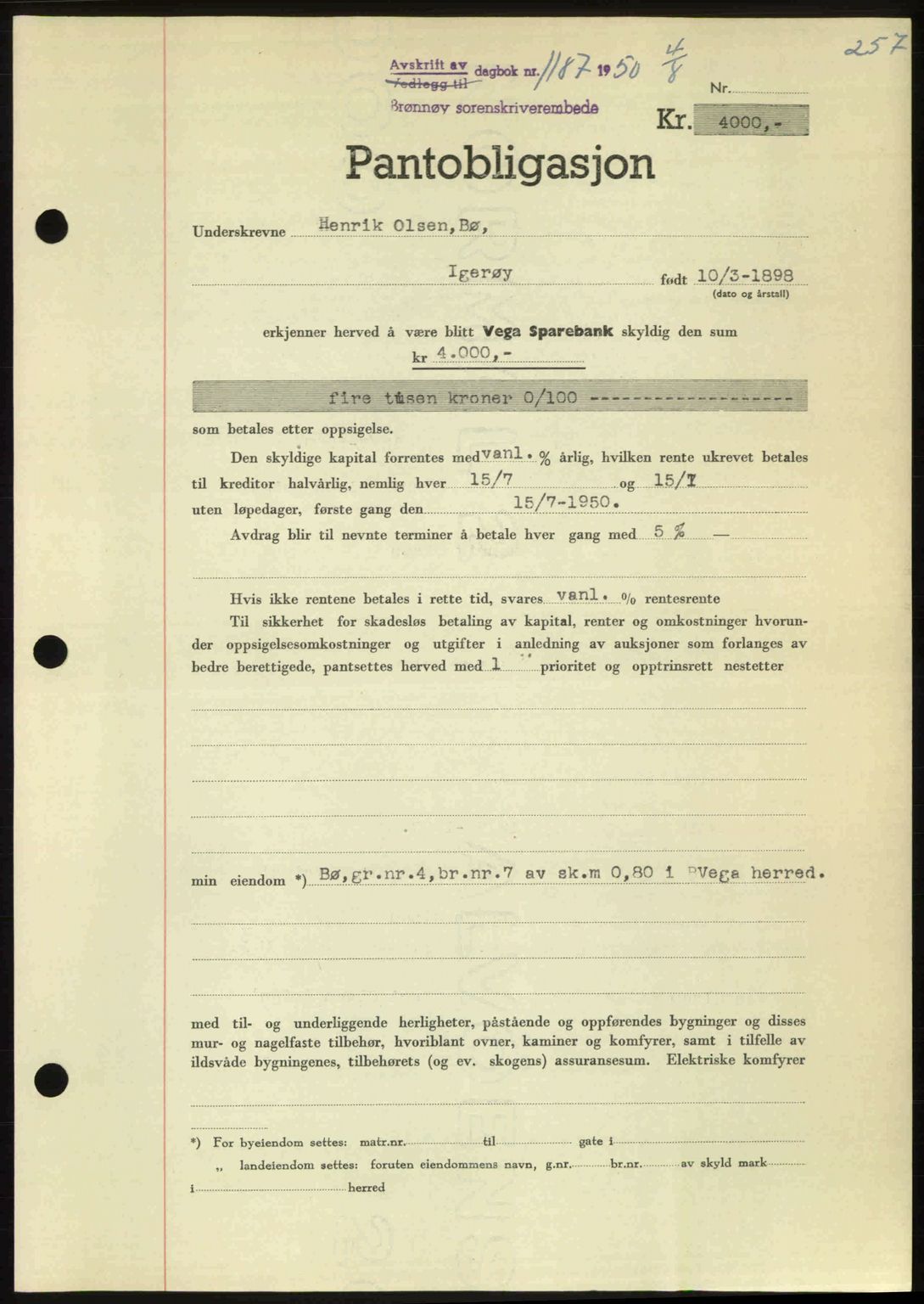 Brønnøy sorenskriveri, SAT/A-4170/1/2/2C: Pantebok nr. 36, 1950-1950, Dagboknr: 1187/1950