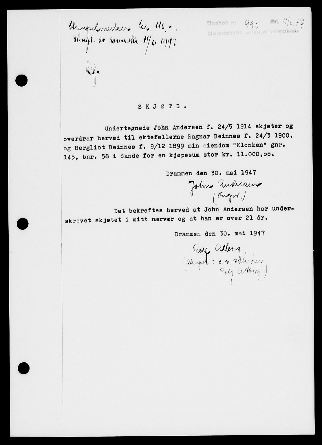 Holmestrand sorenskriveri, SAKO/A-67/G/Ga/Gaa/L0062: Pantebok nr. A-62, 1947-1947, Dagboknr: 990/1947