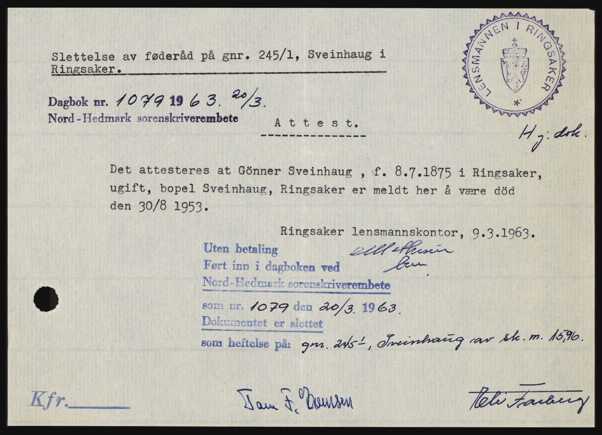 Nord-Hedmark sorenskriveri, SAH/TING-012/H/Hc/L0017: Pantebok nr. 17, 1962-1963, Dagboknr: 1079/1963