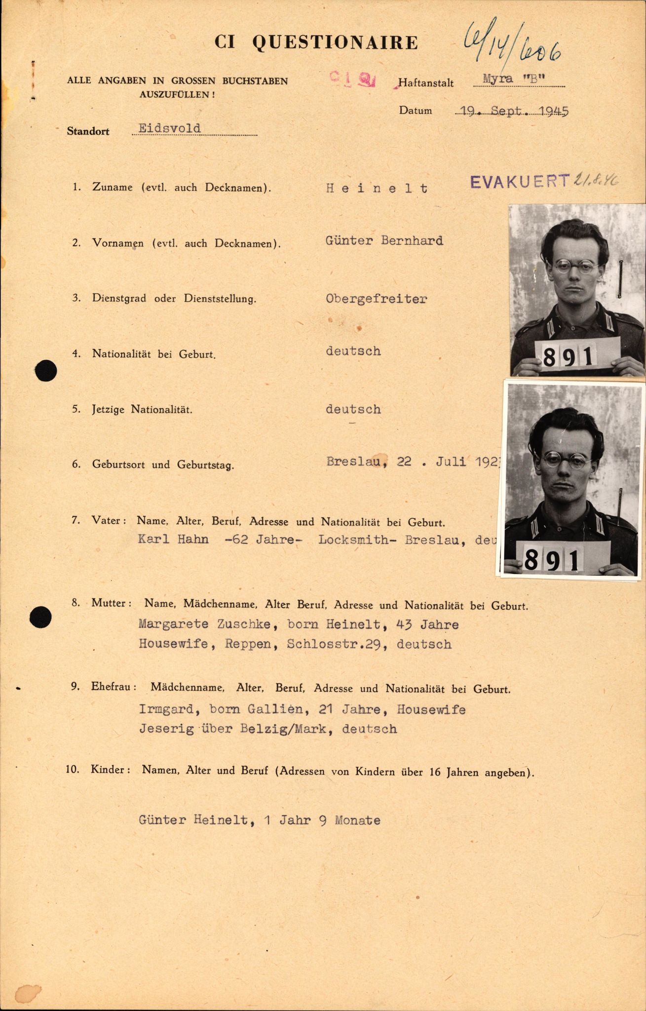 Forsvaret, Forsvarets overkommando II, AV/RA-RAFA-3915/D/Db/L0012: CI Questionaires. Tyske okkupasjonsstyrker i Norge. Tyskere., 1945-1946, s. 258