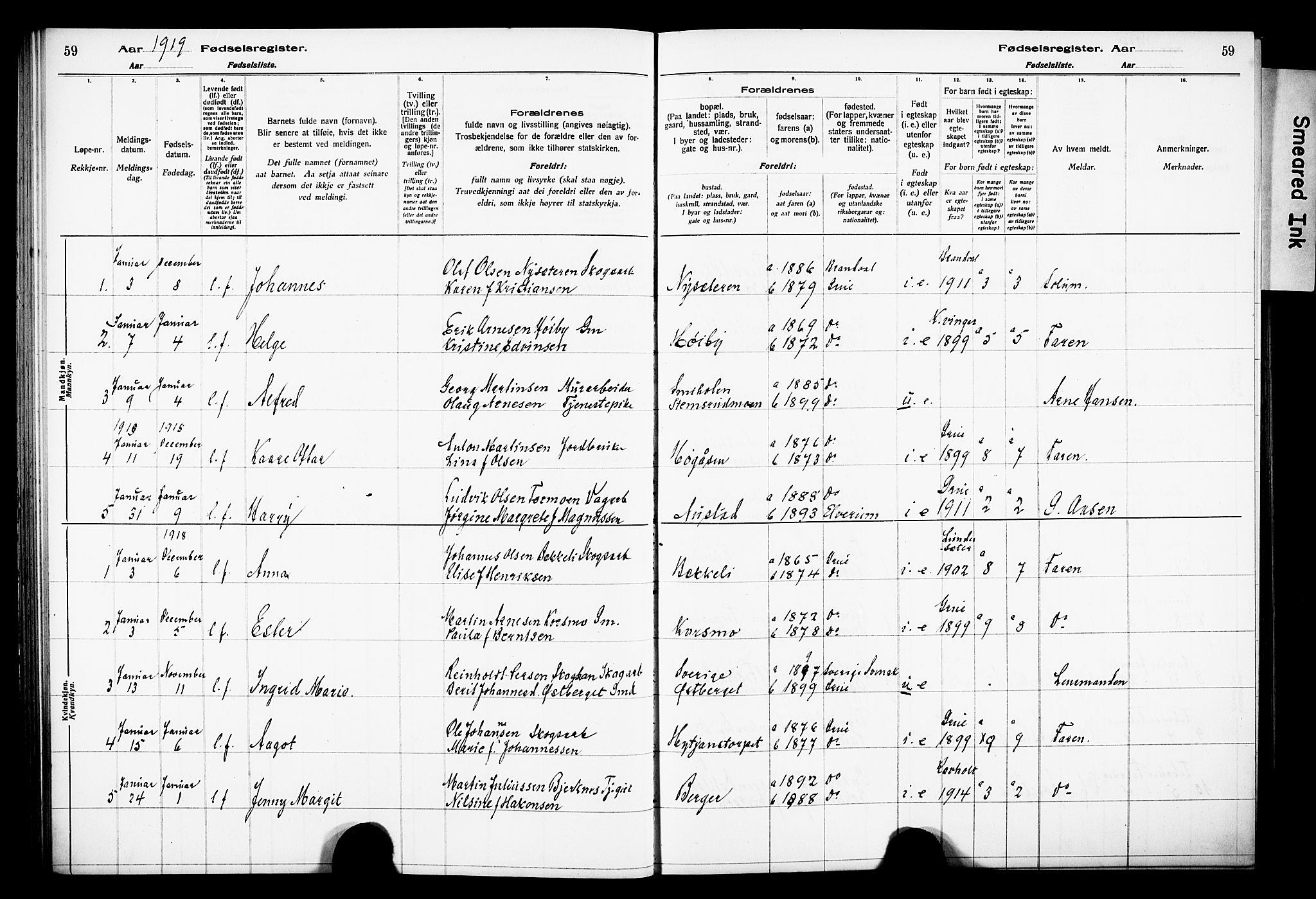 Grue prestekontor, AV/SAH-PREST-036/I/Id/Ida/L0001: Fødselsregister nr. I 1, 1916-1926, s. 59