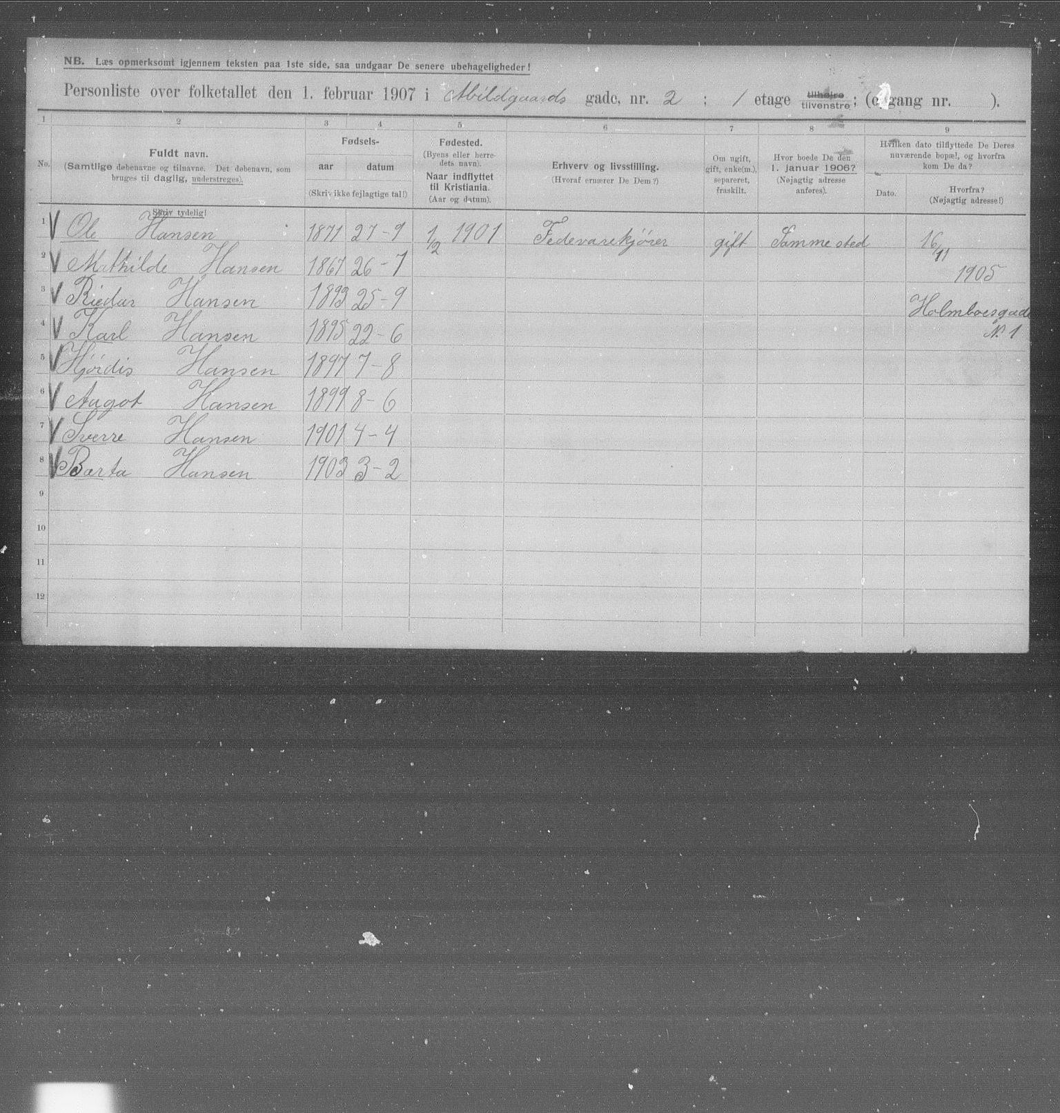 OBA, Kommunal folketelling 1.2.1907 for Kristiania kjøpstad, 1907, s. 7