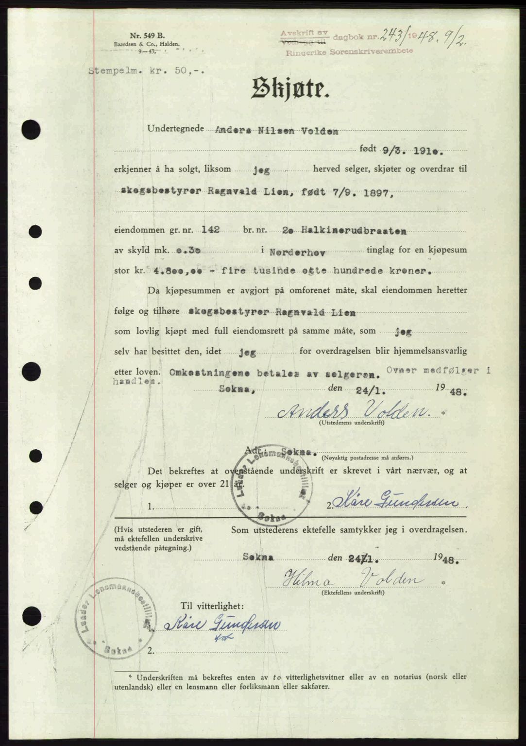 Ringerike sorenskriveri, SAKO/A-105/G/Ga/Gab/L0088: Pantebok nr. A-19, 1948-1948, Dagboknr: 243/1948