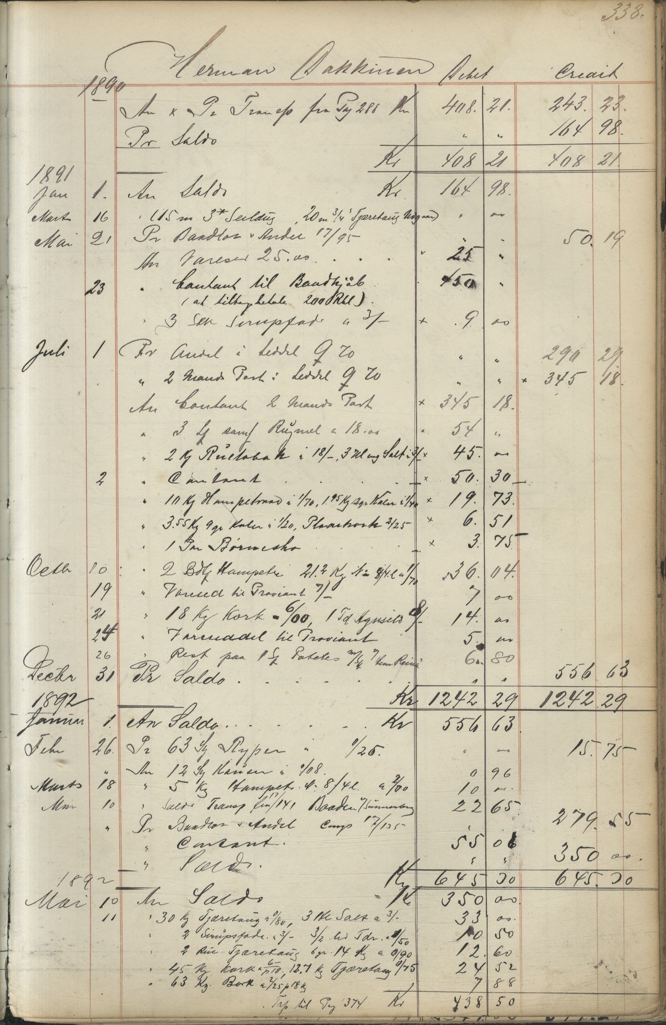 Brodtkorb handel A/S, VAMU/A-0001/F/Fc/L0001/0001: Konto for kvener og nordmenn på Kolahalvøya  / Conto for Kvæner og Nordmænd paa Russefinmarken No 1, 1868-1894, s. 338