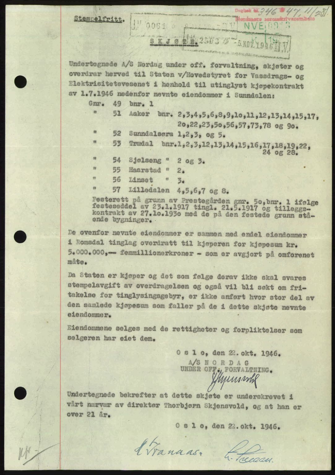 Nordmøre sorenskriveri, SAT/A-4132/1/2/2Ca: Pantebok nr. A104, 1947-1947, Dagboknr: 346/1947