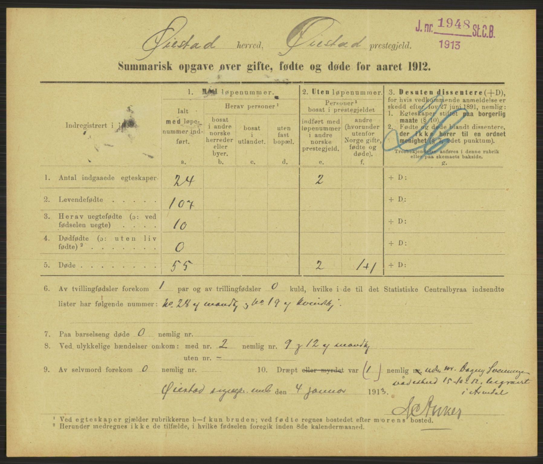 Statistisk sentralbyrå, Sosiodemografiske emner, Befolkning, AV/RA-S-2228/D/Df/Dfb/Dfbb/L0052: Summariske oppgaver over gifte, fødte og døde for hele landet., 1912, s. 585