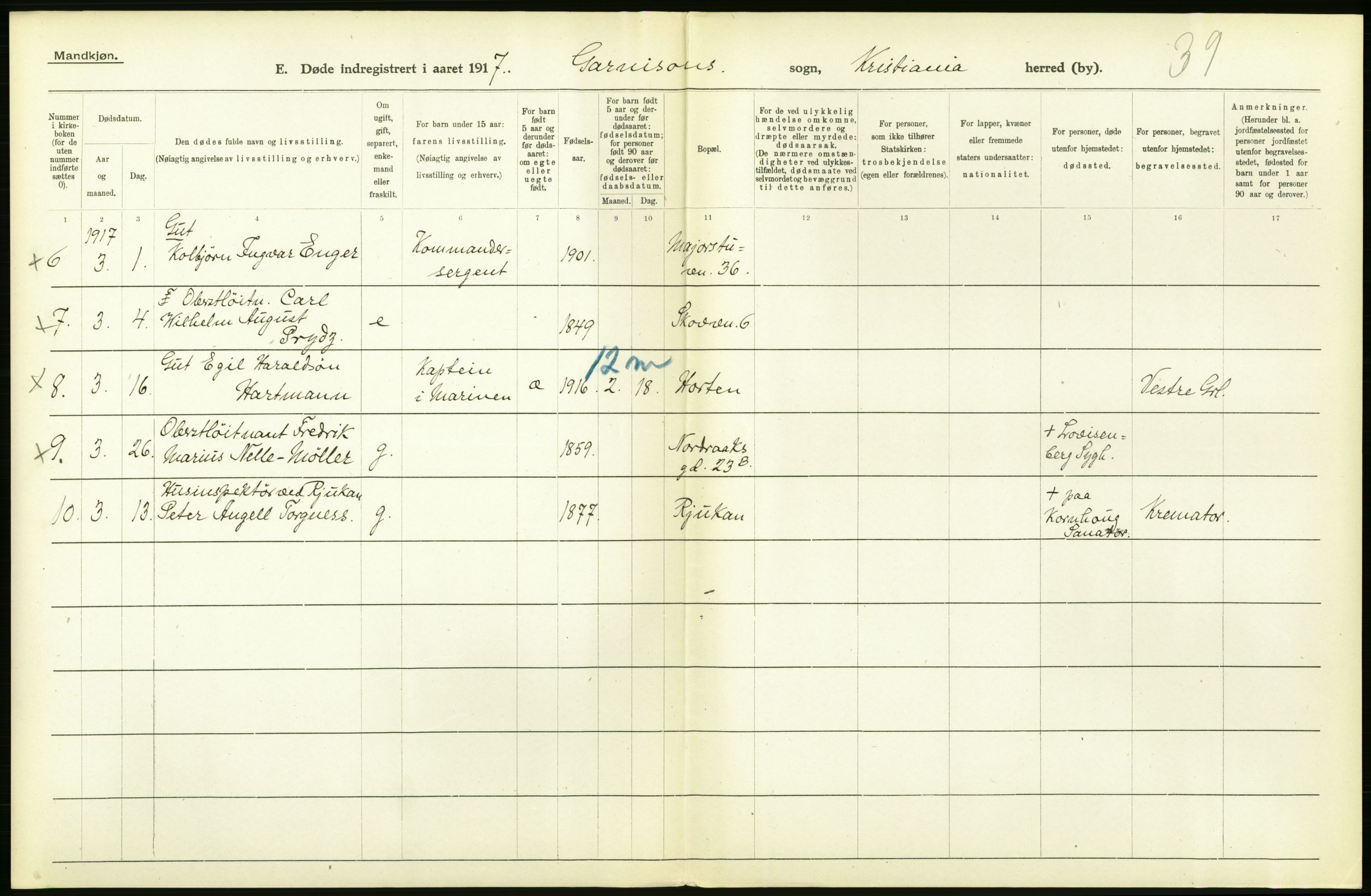 Statistisk sentralbyrå, Sosiodemografiske emner, Befolkning, AV/RA-S-2228/D/Df/Dfb/Dfbg/L0011: Kristiania: Døde, dødfødte., 1917, s. 234