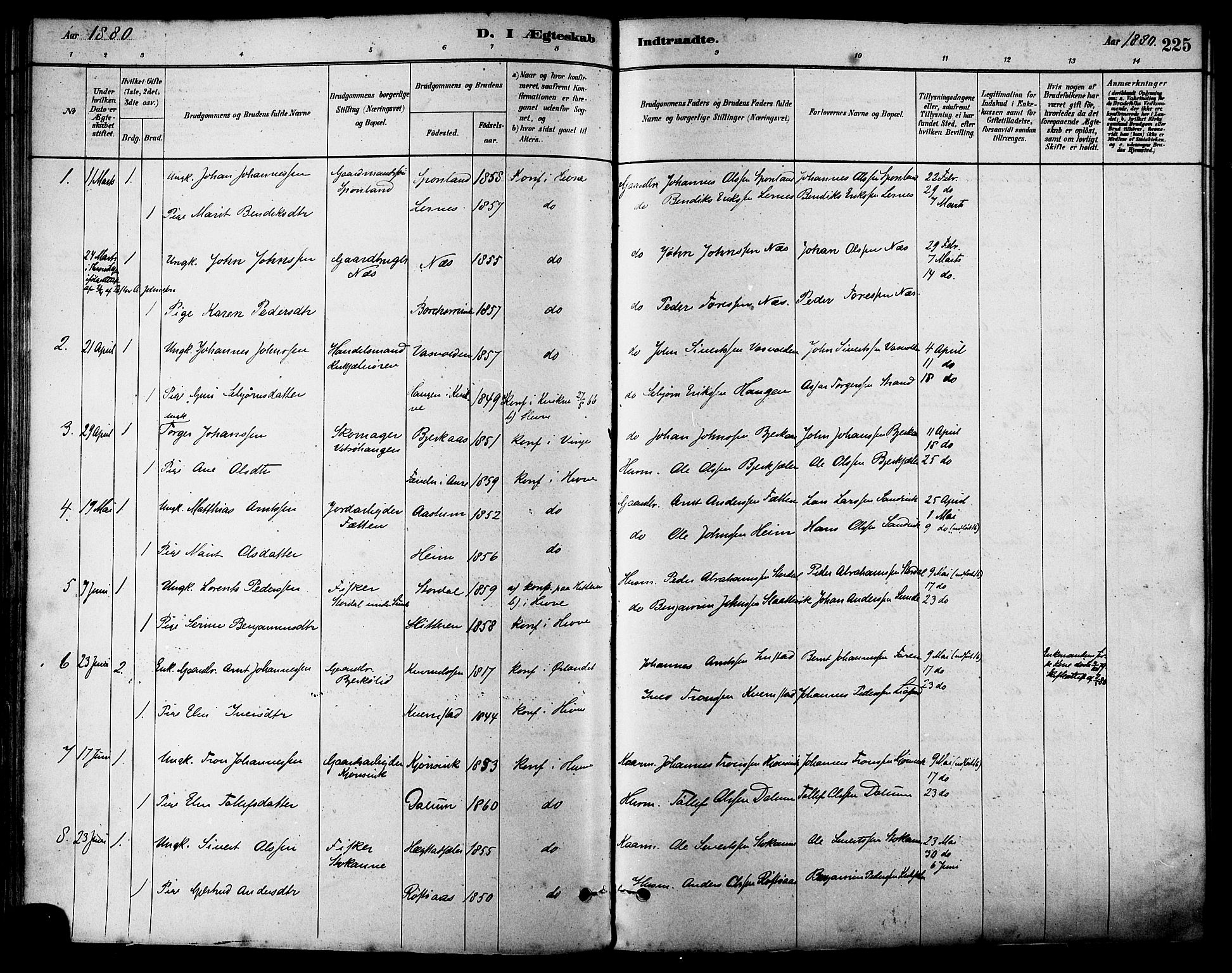 Ministerialprotokoller, klokkerbøker og fødselsregistre - Sør-Trøndelag, AV/SAT-A-1456/630/L0496: Ministerialbok nr. 630A09, 1879-1895, s. 225