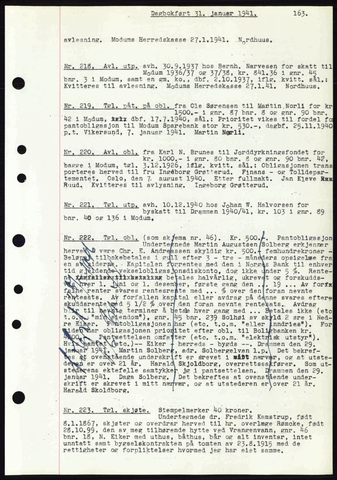 Eiker, Modum og Sigdal sorenskriveri, SAKO/A-123/G/Ga/Gab/L0043: Pantebok nr. A13, 1940-1941, Dagboknr: 218/1941