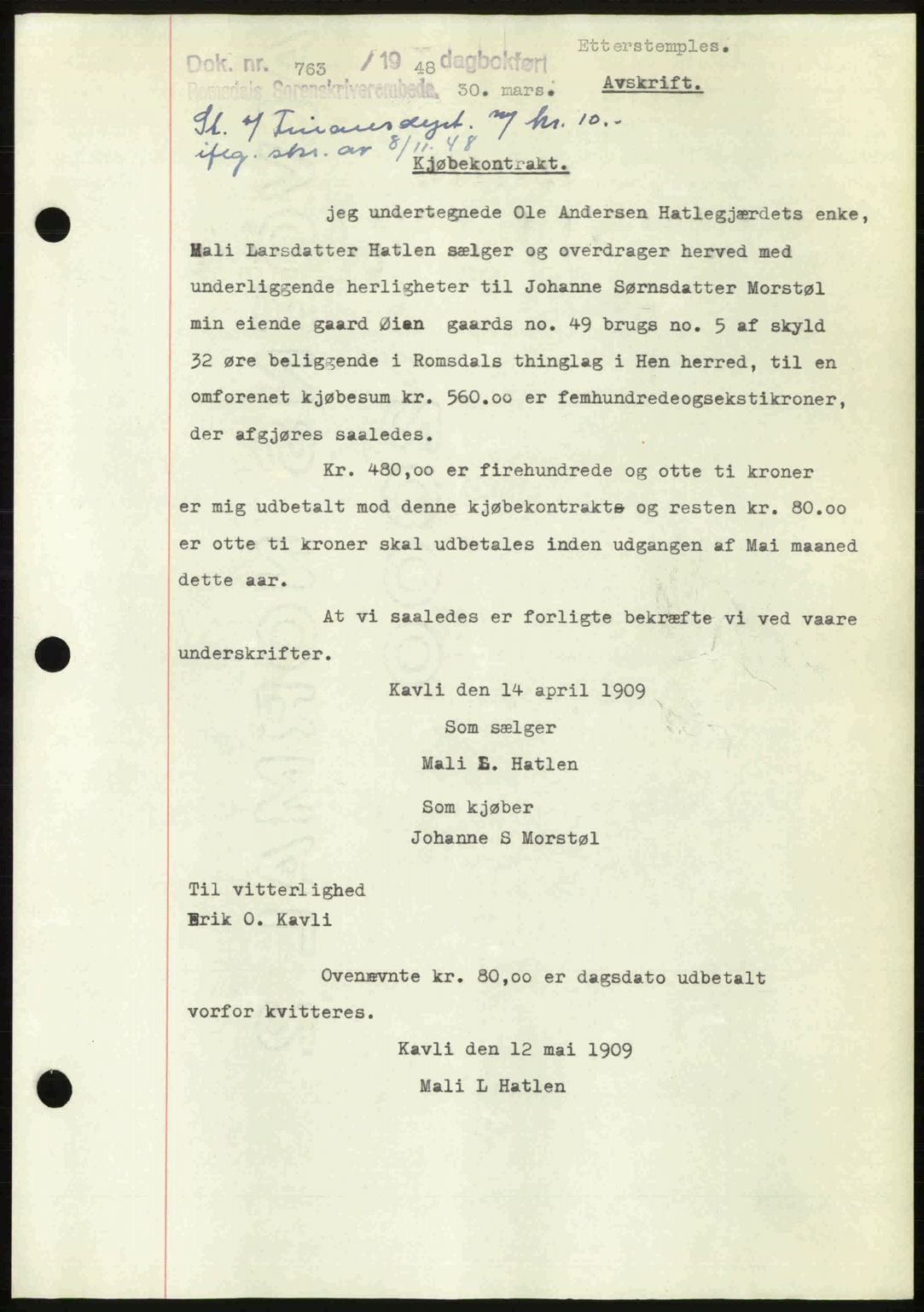 Romsdal sorenskriveri, SAT/A-4149/1/2/2C: Pantebok nr. A25, 1948-1948, Dagboknr: 763/1948