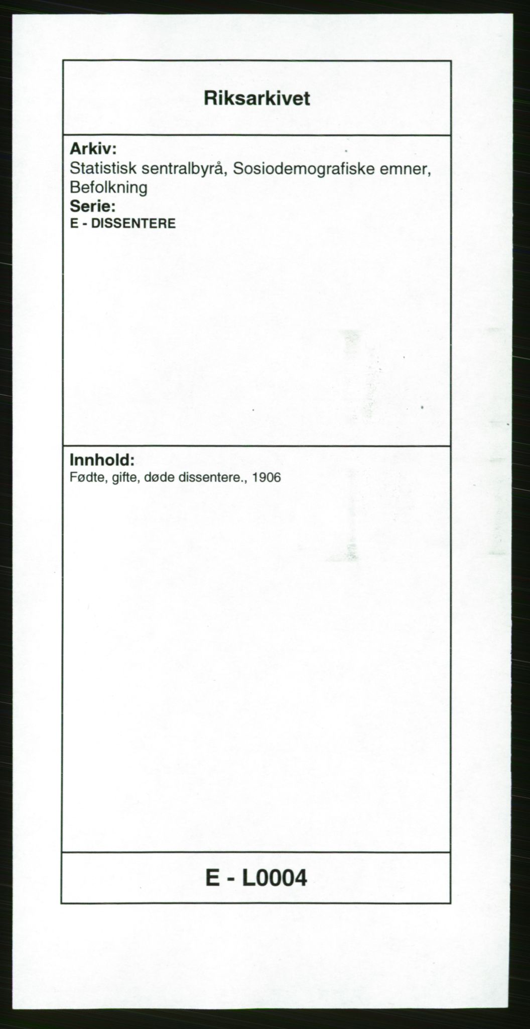 Statistisk sentralbyrå, Sosiodemografiske emner, Befolkning, AV/RA-S-2228/E/L0004: Fødte, gifte, døde dissentere., 1906, s. 1