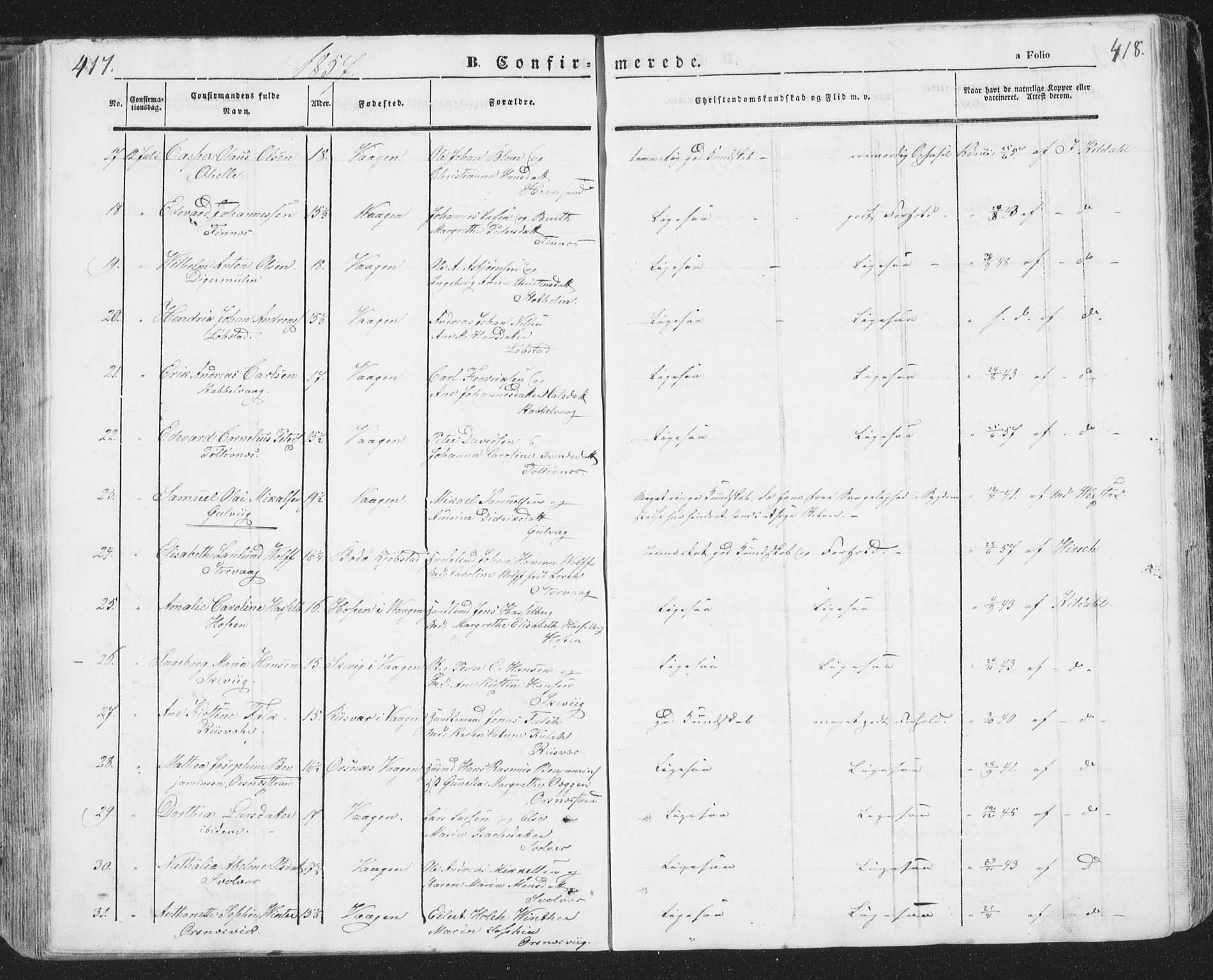 Ministerialprotokoller, klokkerbøker og fødselsregistre - Nordland, AV/SAT-A-1459/874/L1072: Klokkerbok nr. 874C01, 1843-1859, s. 417-418