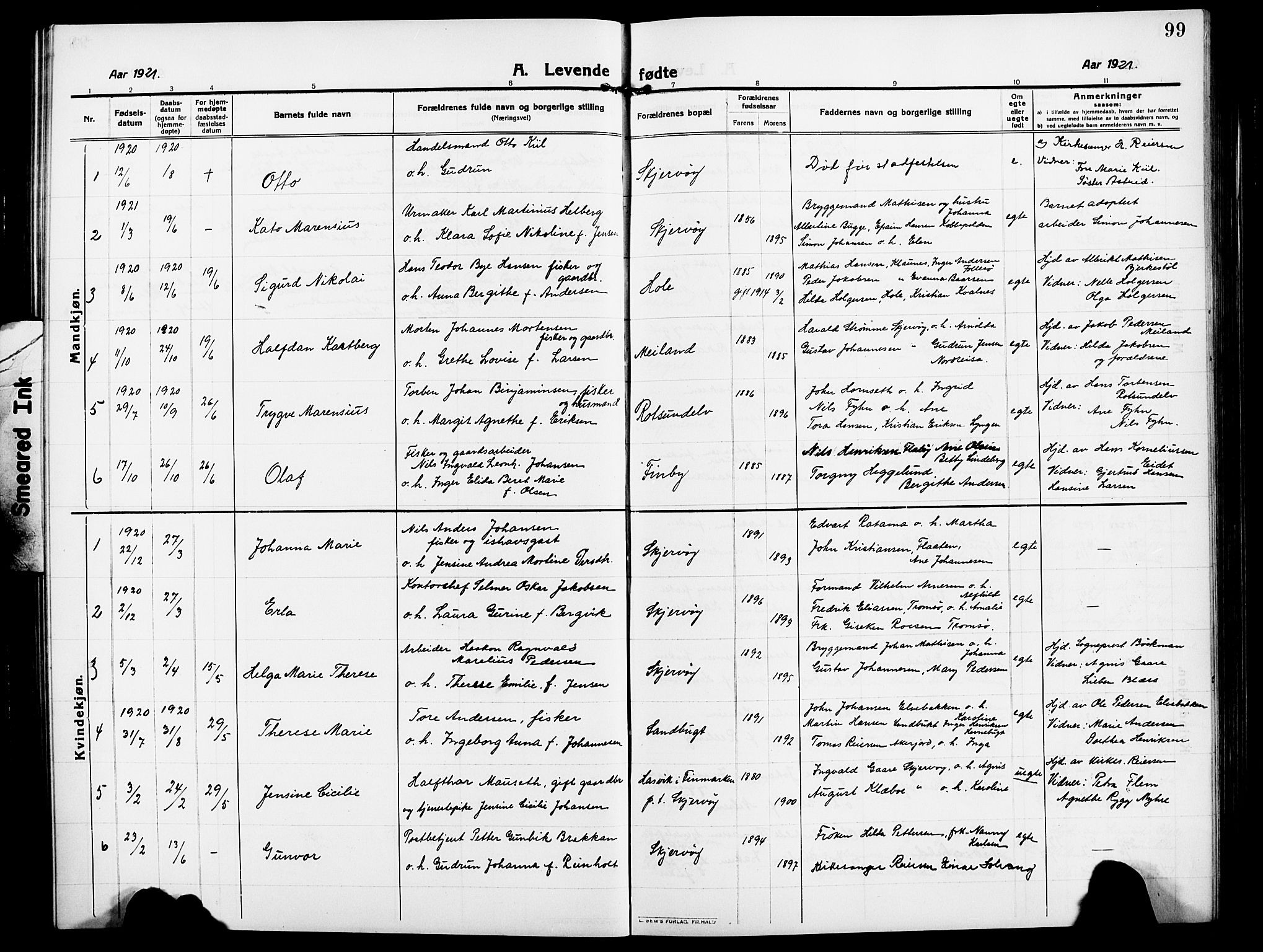 Skjervøy sokneprestkontor, AV/SATØ-S-1300/H/Ha/Hab/L0009klokker: Klokkerbok nr. 9, 1911-1926, s. 99