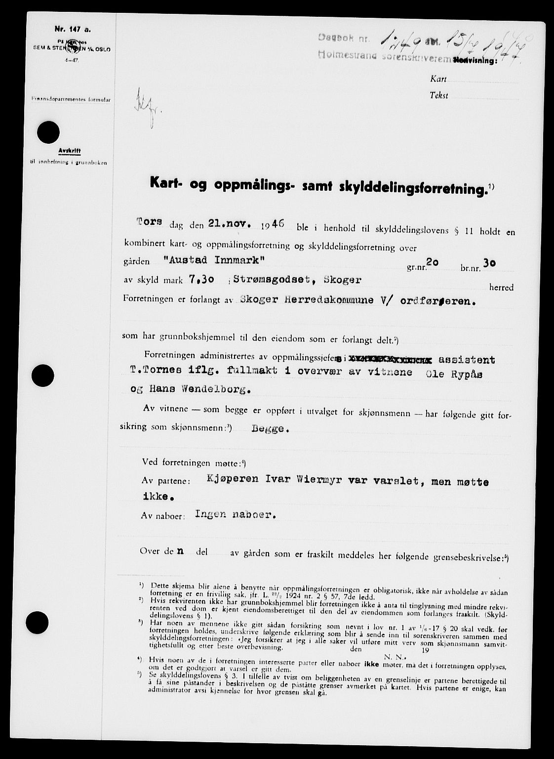 Holmestrand sorenskriveri, SAKO/A-67/G/Ga/Gaa/L0062: Pantebok nr. A-62, 1947-1947, Dagboknr: 1249/1947