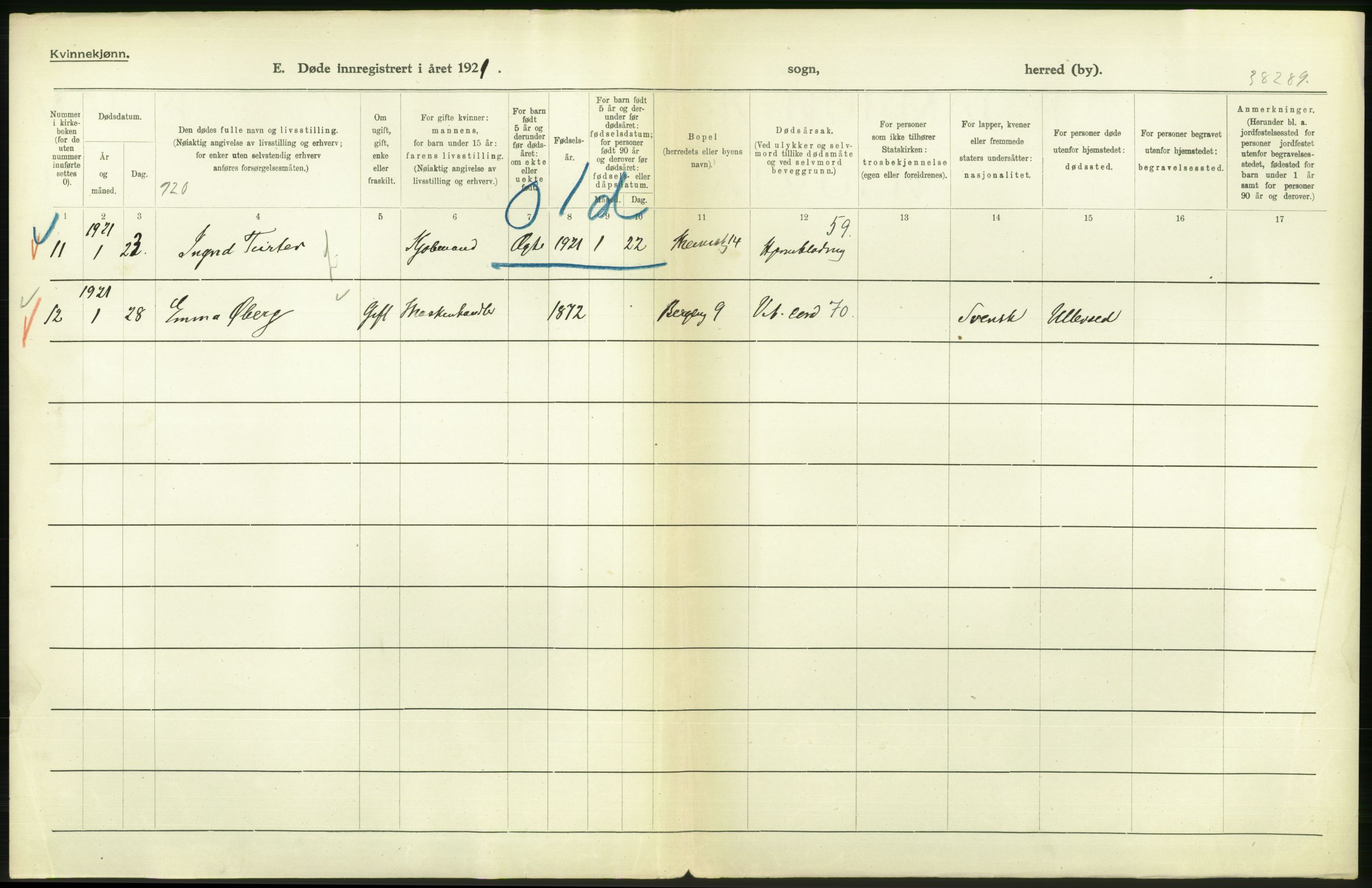 Statistisk sentralbyrå, Sosiodemografiske emner, Befolkning, AV/RA-S-2228/D/Df/Dfc/Dfca/L0013: Kristiania: Døde, dødfødte, 1921, s. 42