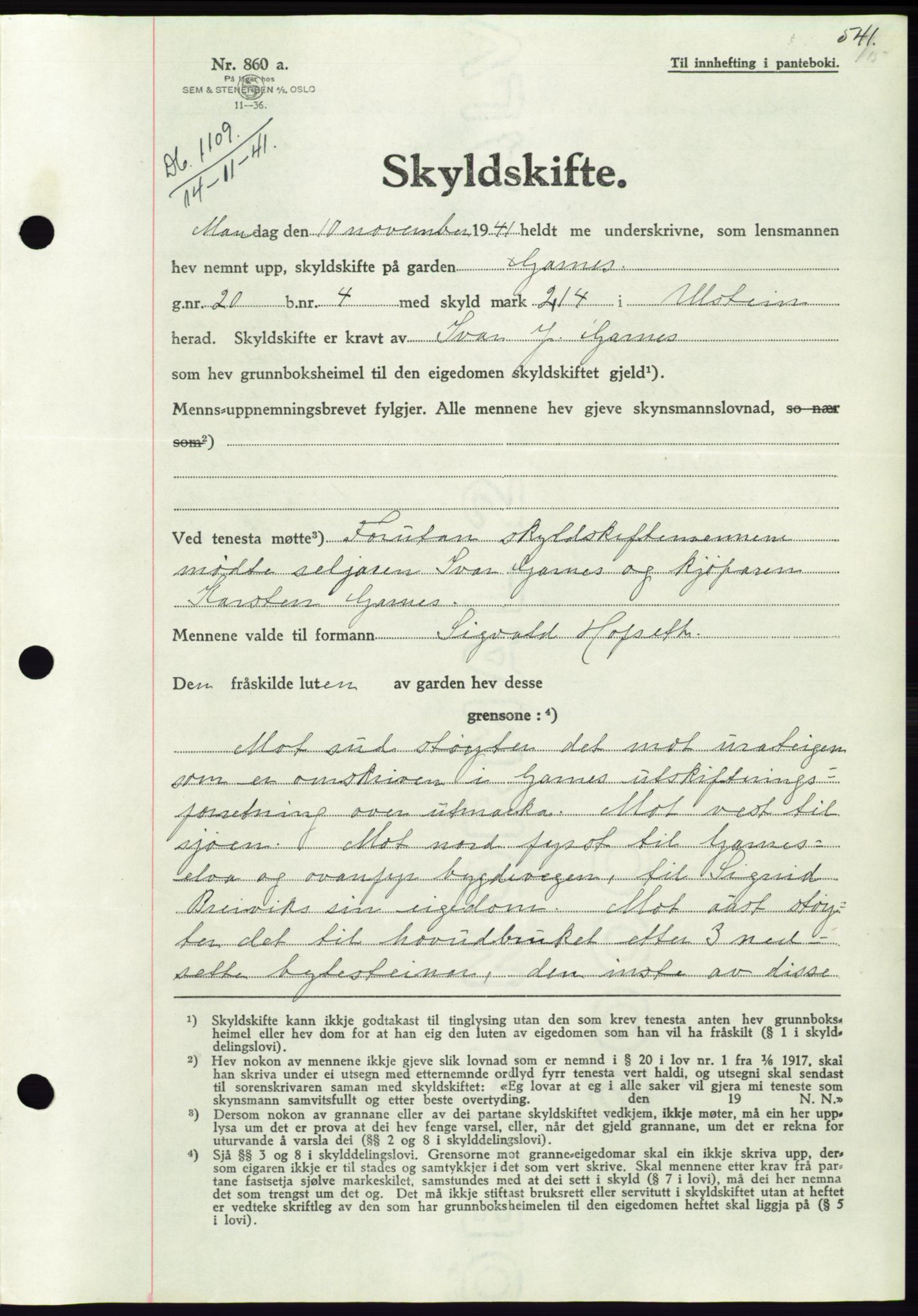 Søre Sunnmøre sorenskriveri, AV/SAT-A-4122/1/2/2C/L0071: Pantebok nr. 65, 1941-1941, Dagboknr: 1109/1941