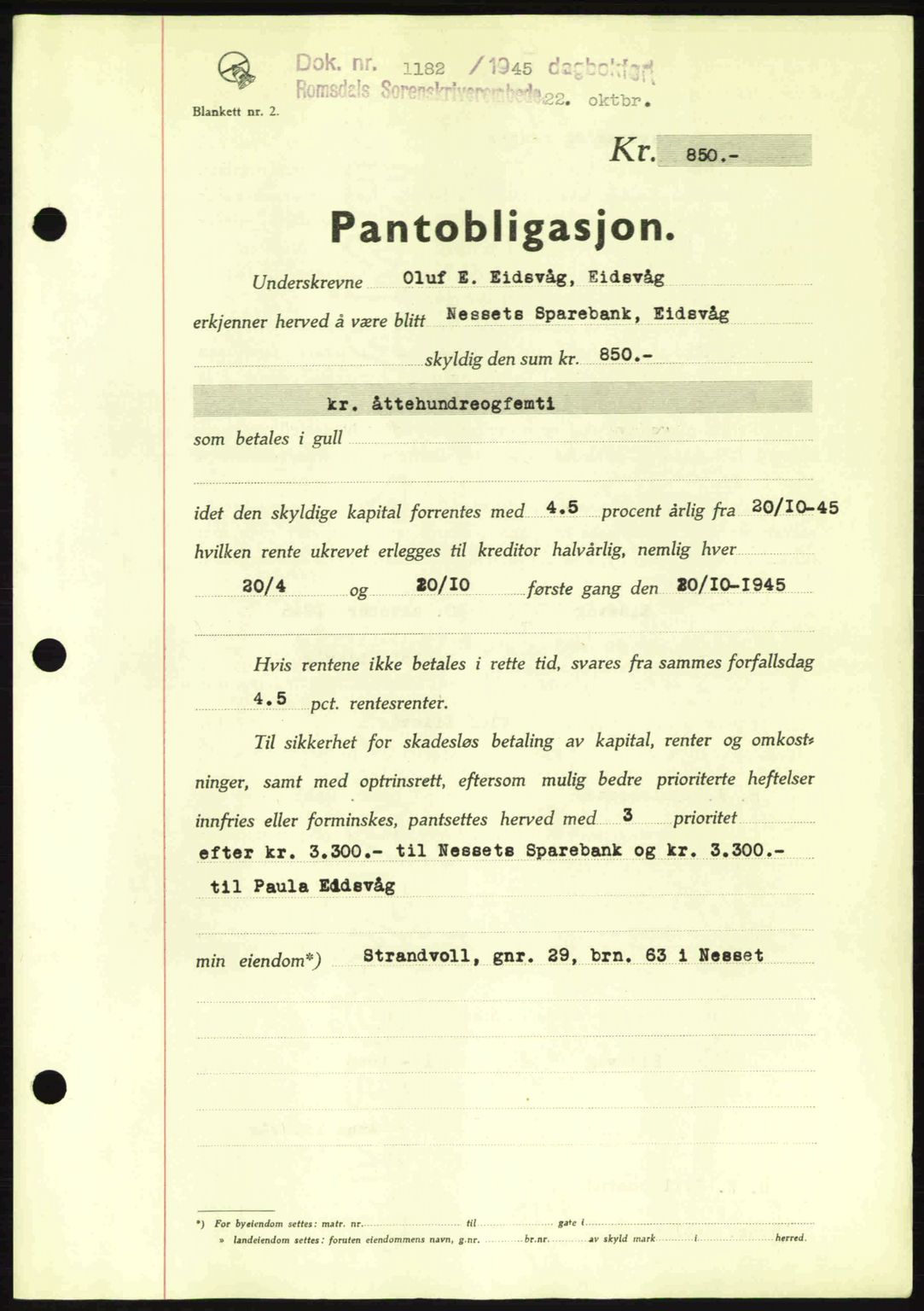 Romsdal sorenskriveri, SAT/A-4149/1/2/2C: Pantebok nr. B2, 1939-1945, Dagboknr: 1182/1945