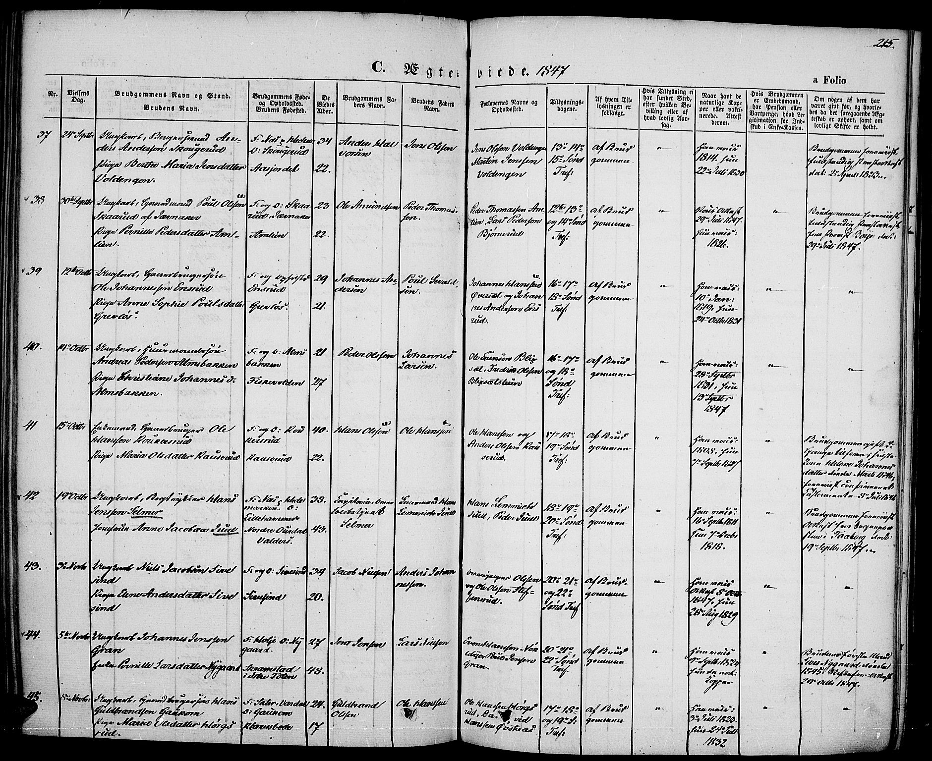 Vestre Toten prestekontor, SAH/PREST-108/H/Ha/Haa/L0004: Ministerialbok nr. 4, 1844-1849, s. 215