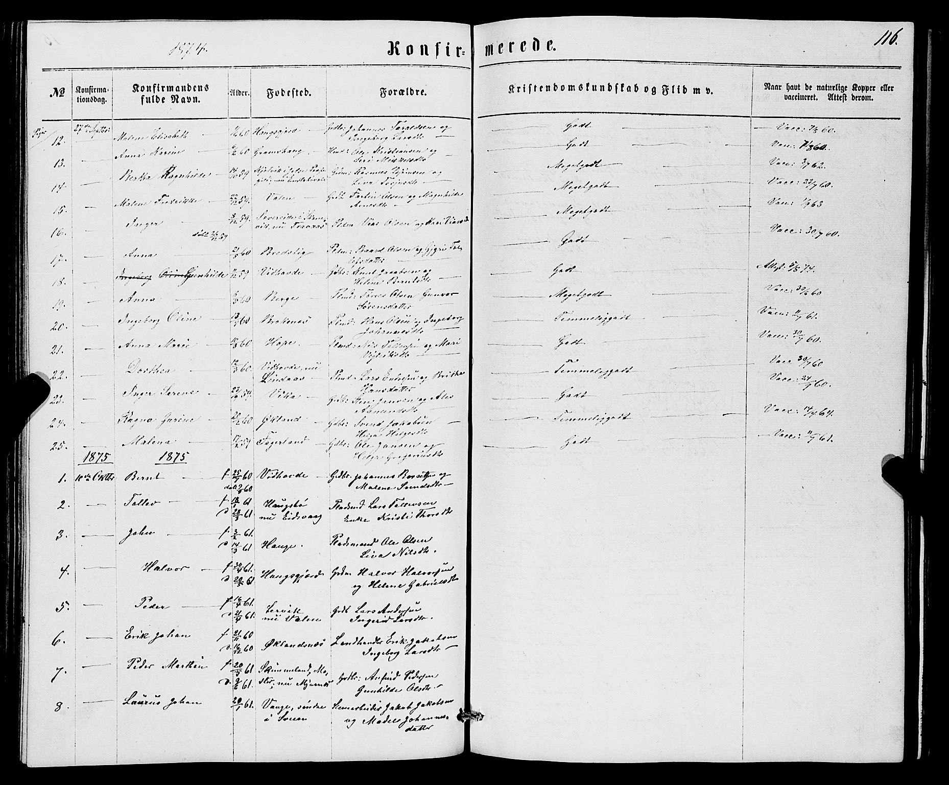 Sveio Sokneprestembete, AV/SAB-A-78501/H/Hab: Klokkerbok nr. B 1, 1864-1886, s. 116