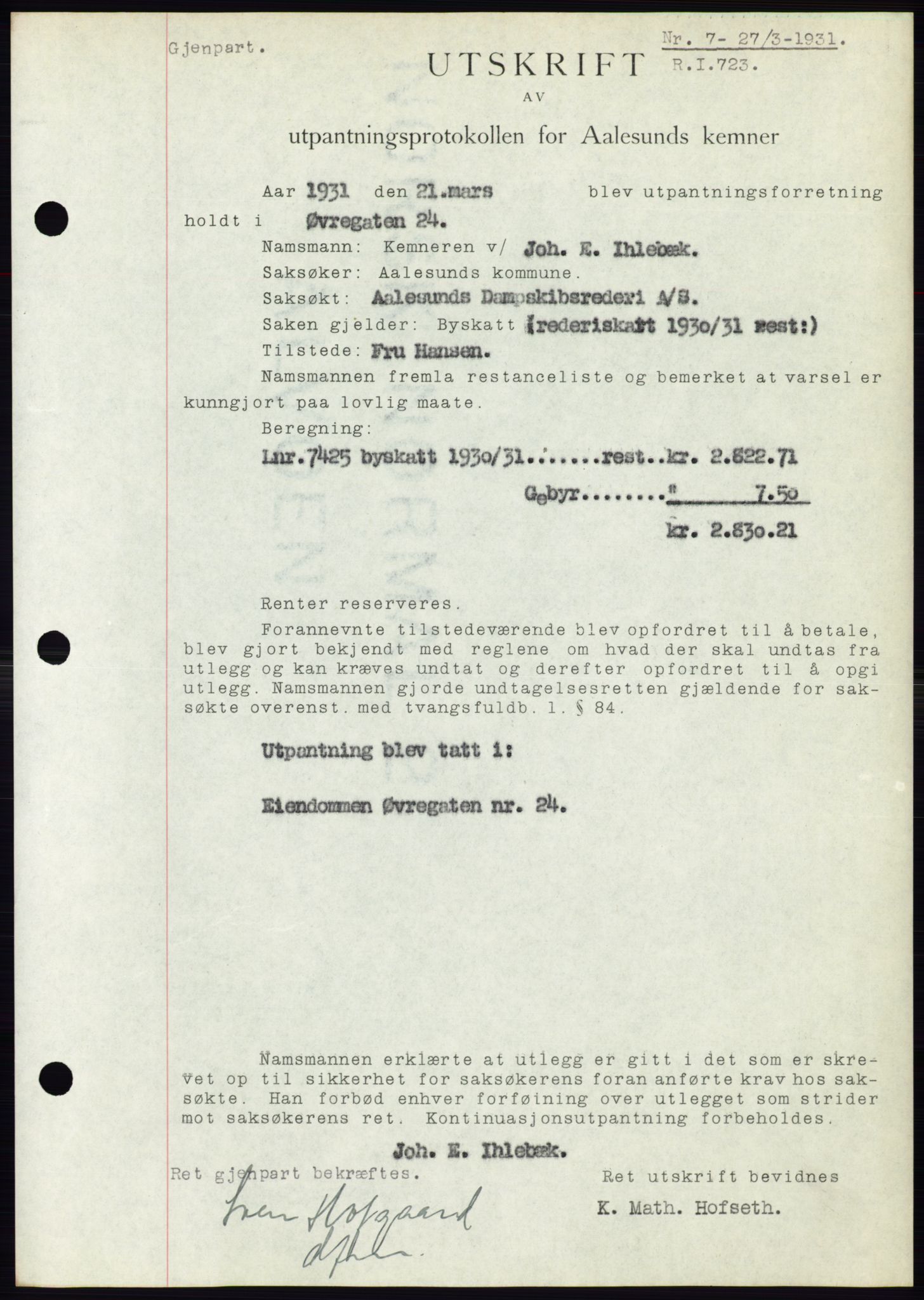 Ålesund byfogd, AV/SAT-A-4384: Pantebok nr. 27, 1930-1931, Tingl.dato: 27.03.1931