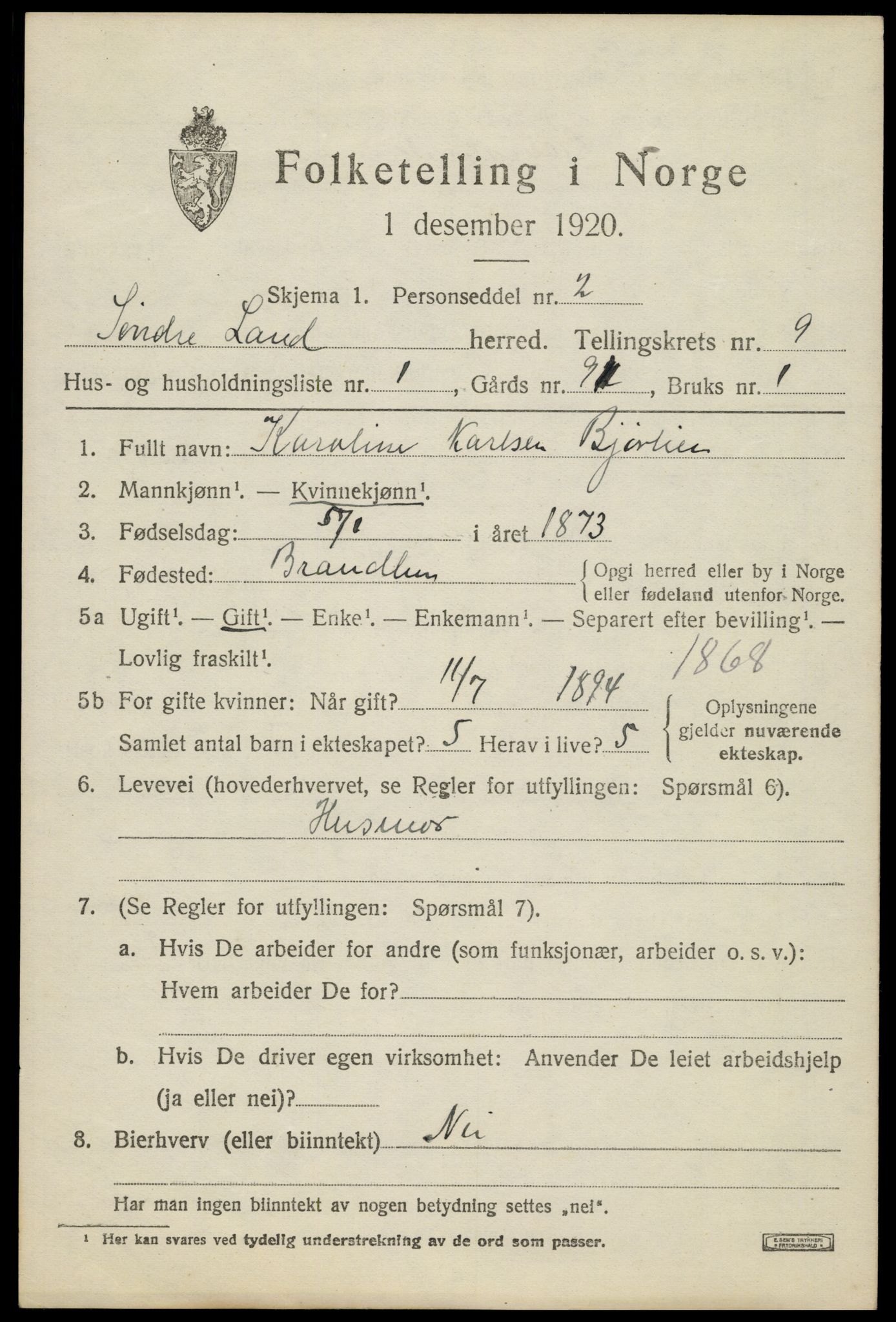 SAH, Folketelling 1920 for 0536 Søndre Land herred, 1920, s. 8181