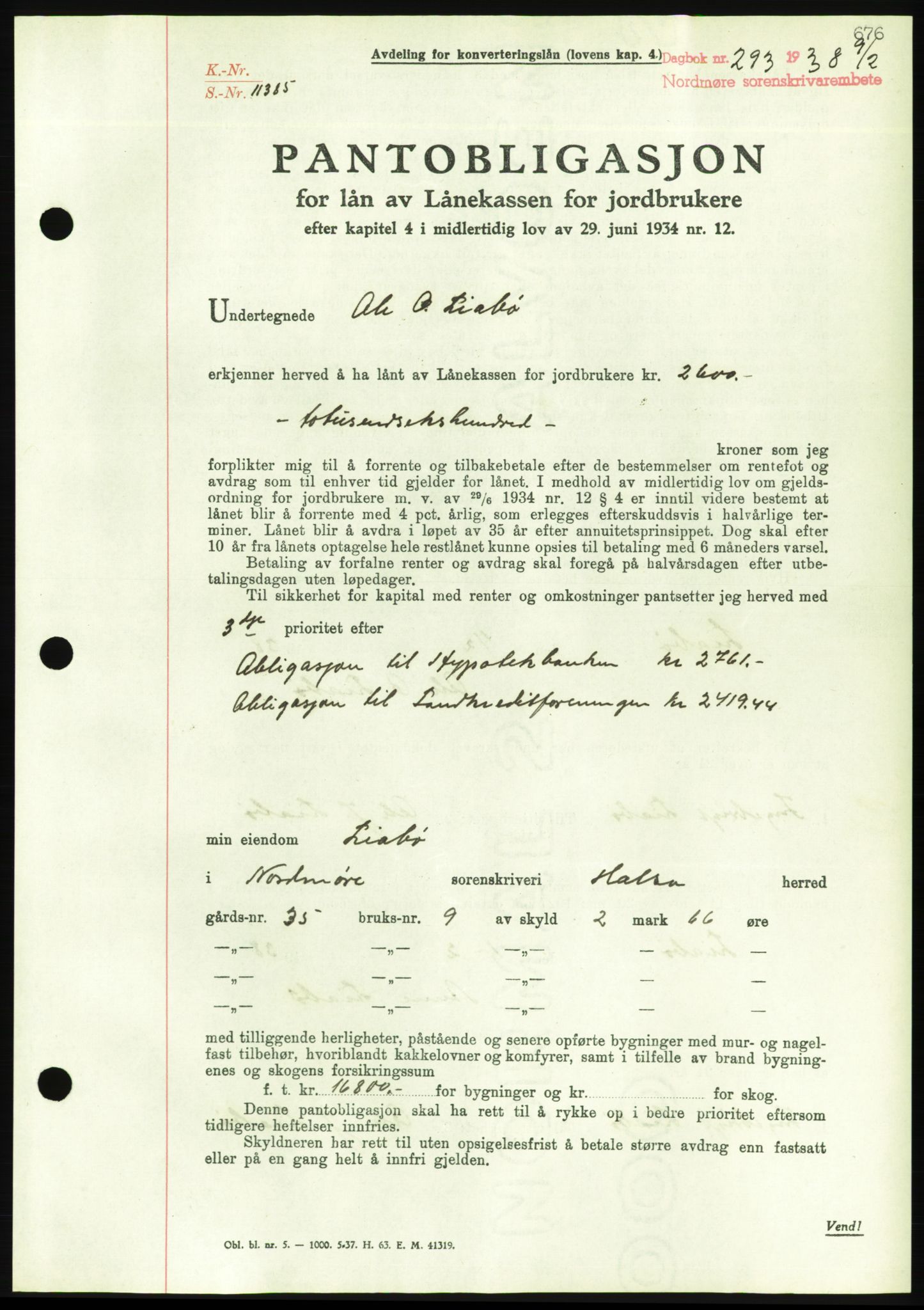 Nordmøre sorenskriveri, AV/SAT-A-4132/1/2/2Ca/L0092: Pantebok nr. B82, 1937-1938, Dagboknr: 293/1938