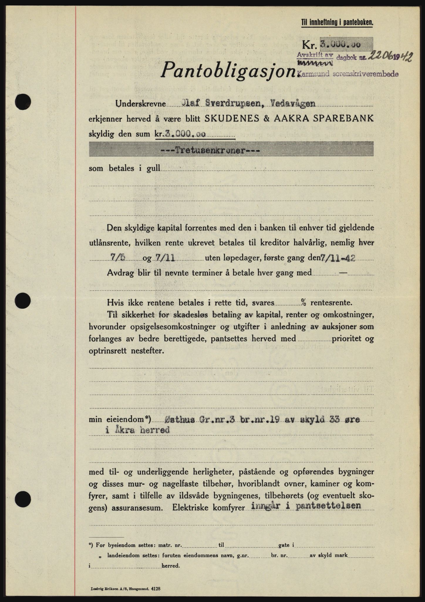 Karmsund sorenskriveri, SAST/A-100311/01/II/IIBBE/L0008: Pantebok nr. B 54, 1942-1943, Dagboknr: 2206/1942