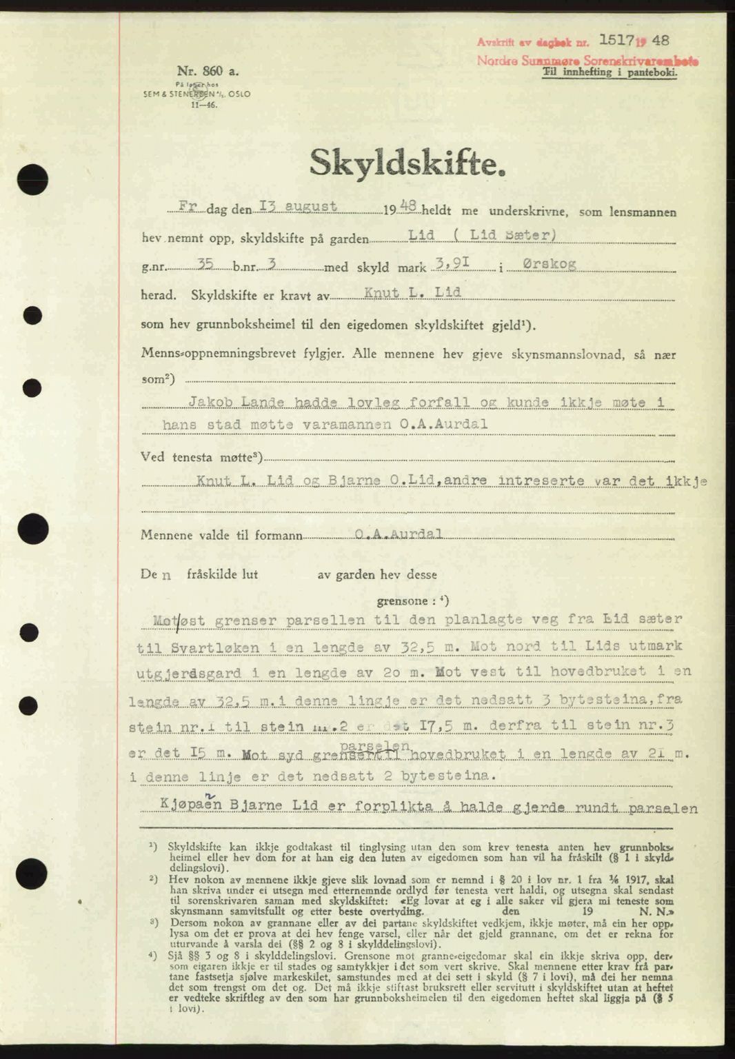 Nordre Sunnmøre sorenskriveri, AV/SAT-A-0006/1/2/2C/2Ca: Pantebok nr. A28, 1948-1948, Dagboknr: 1517/1948