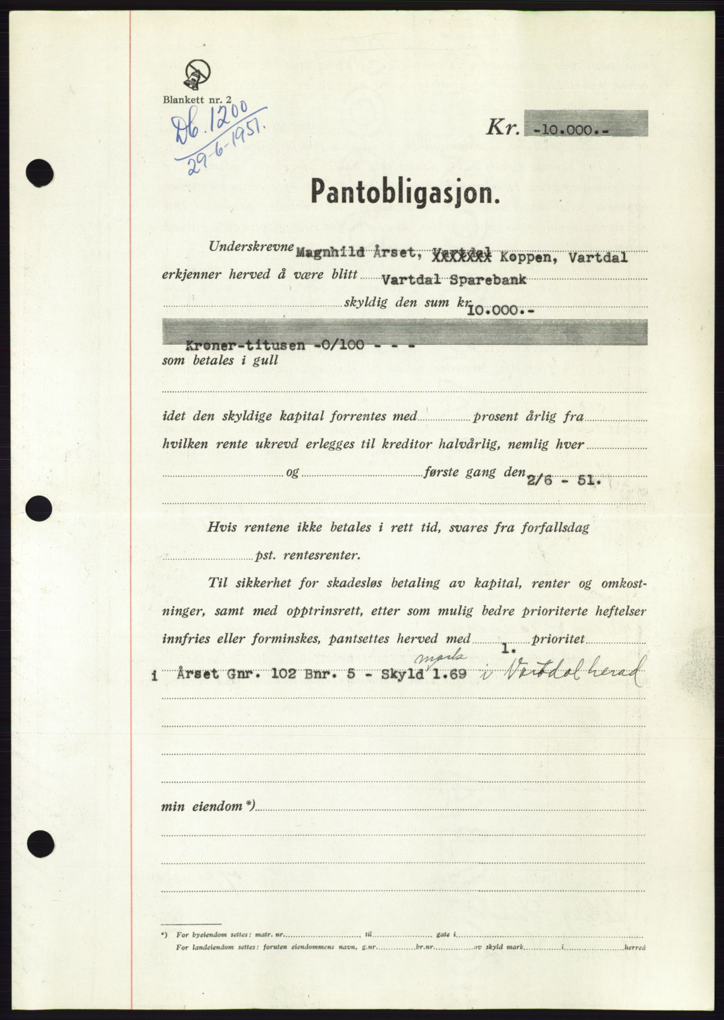 Søre Sunnmøre sorenskriveri, SAT/A-4122/1/2/2C/L0120: Pantebok nr. 8B, 1951-1951, Dagboknr: 1200/1951