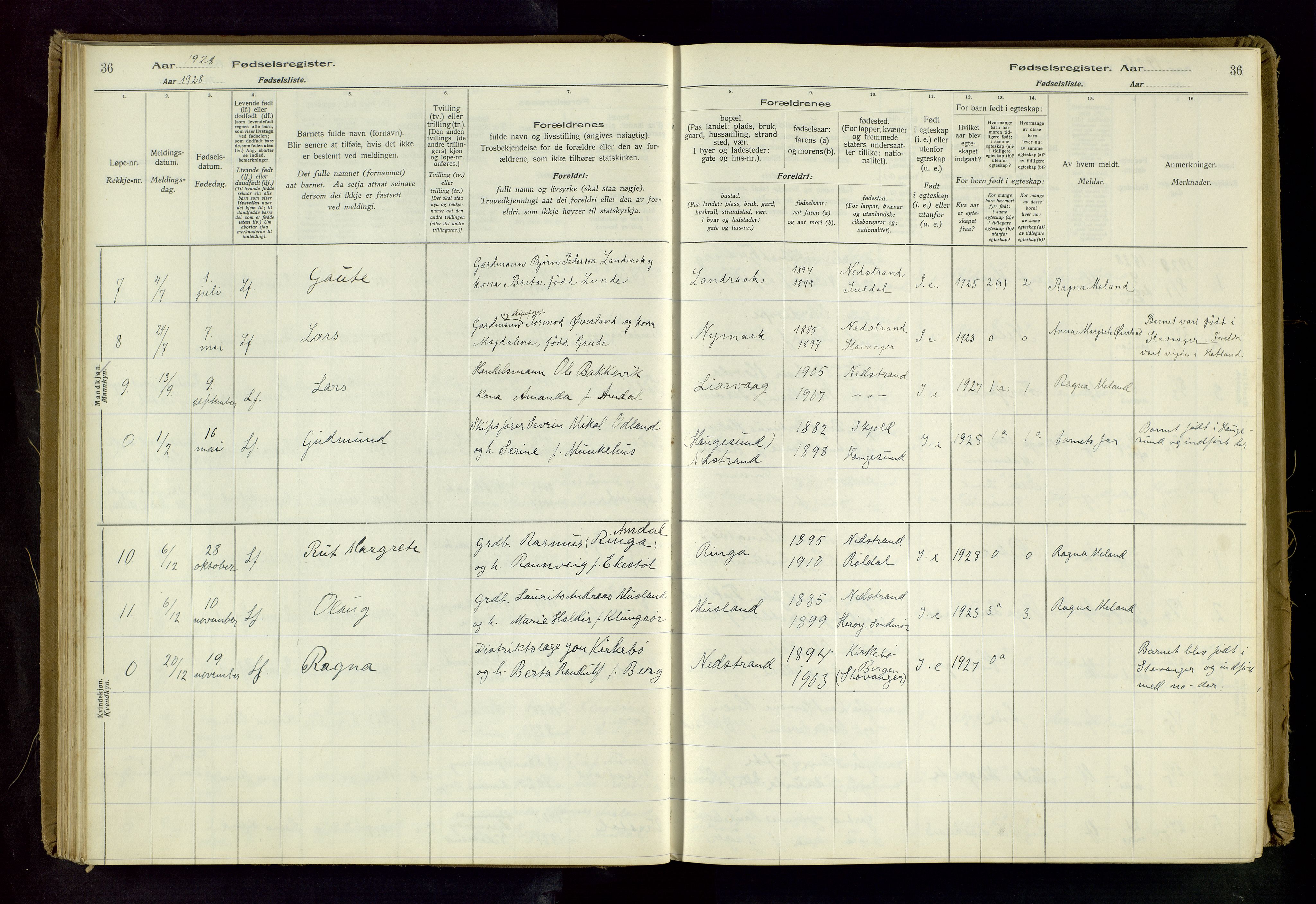 Nedstrand sokneprestkontor, AV/SAST-A-101841/03/C/L0001: Fødselsregister nr. 1, 1916-1981, s. 36