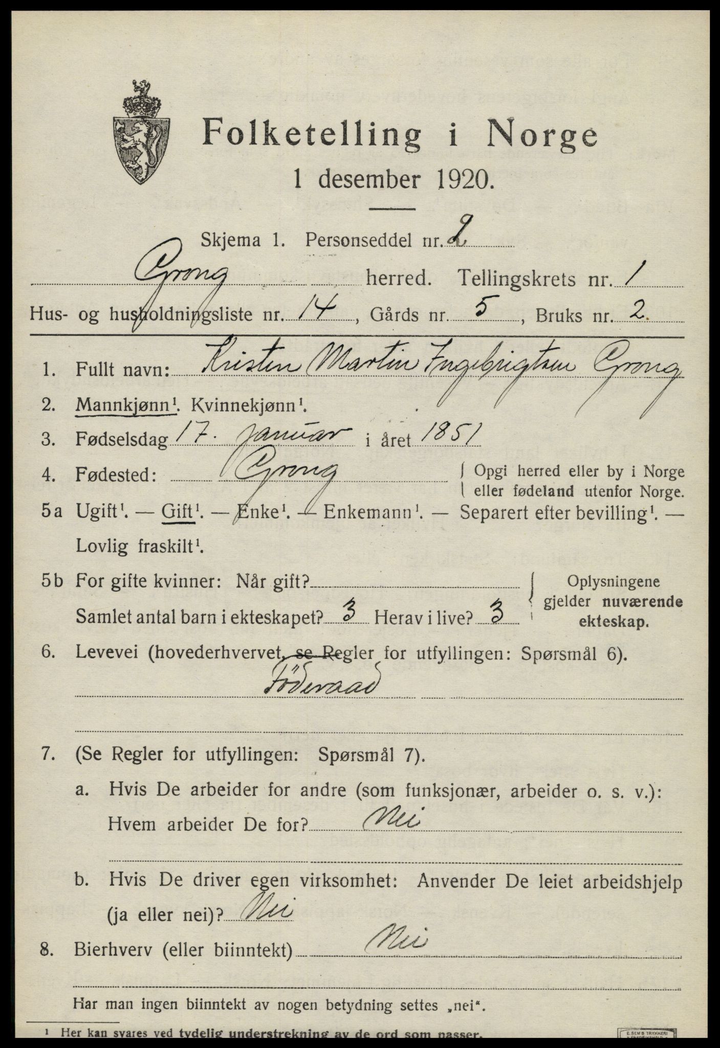 SAT, Folketelling 1920 for 1742 Grong herred, 1920, s. 1191
