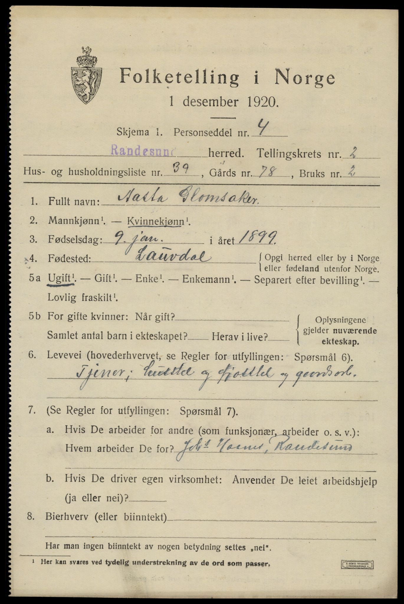 SAK, Folketelling 1920 for 1011 Randesund herred, 1920, s. 1424