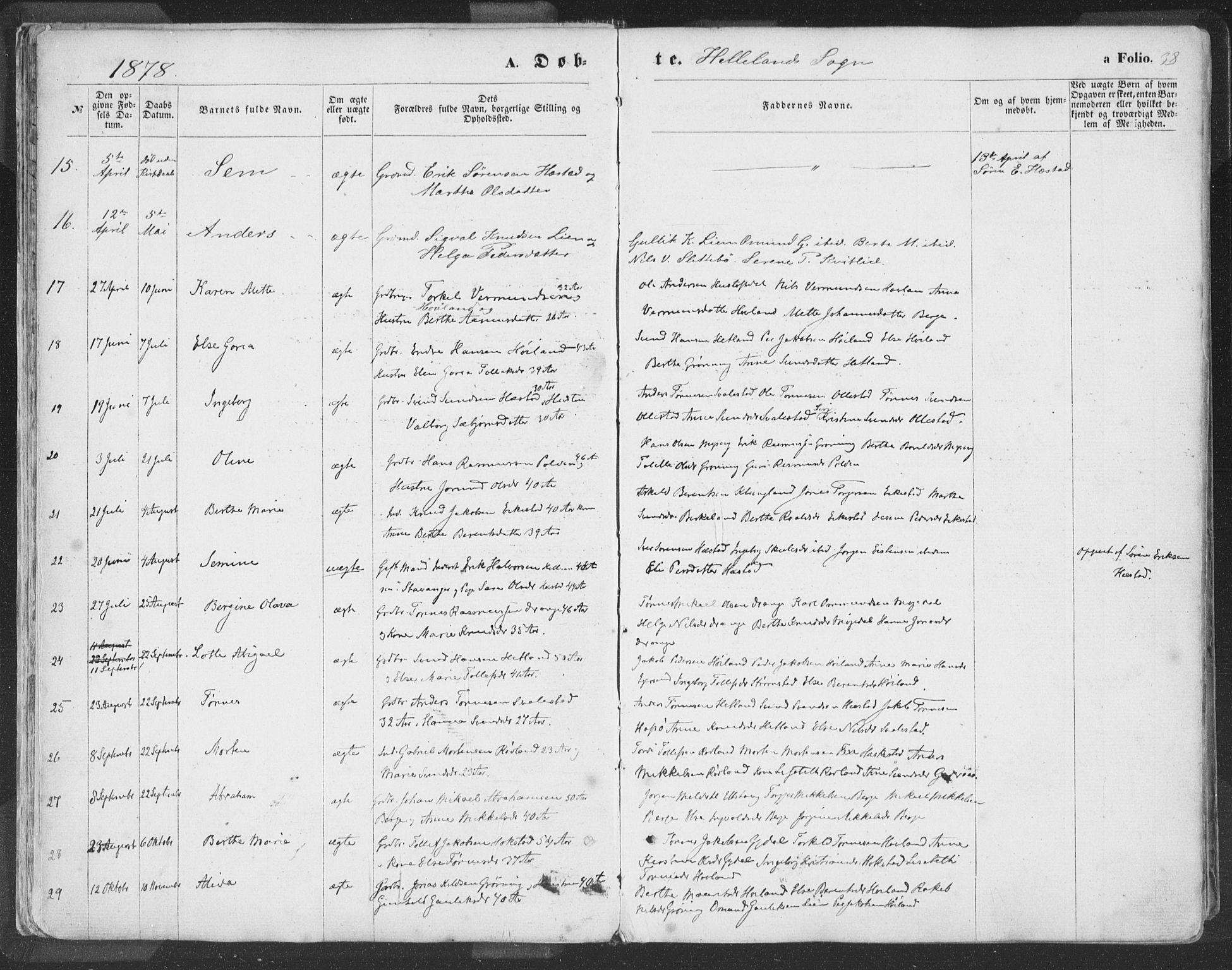 Helleland sokneprestkontor, SAST/A-101810: Ministerialbok nr. A 7.1, 1863-1886, s. 38