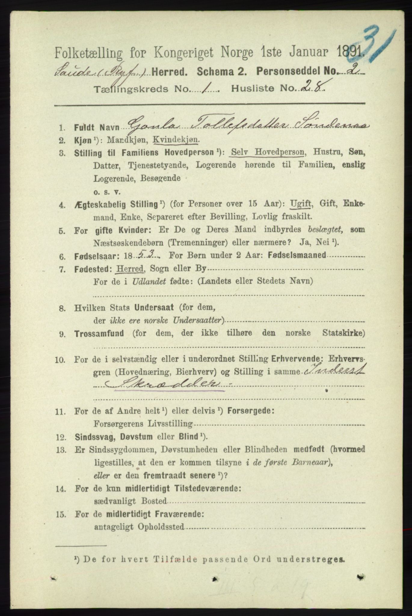 RA, Folketelling 1891 for 1135 Sauda herred, 1891, s. 231