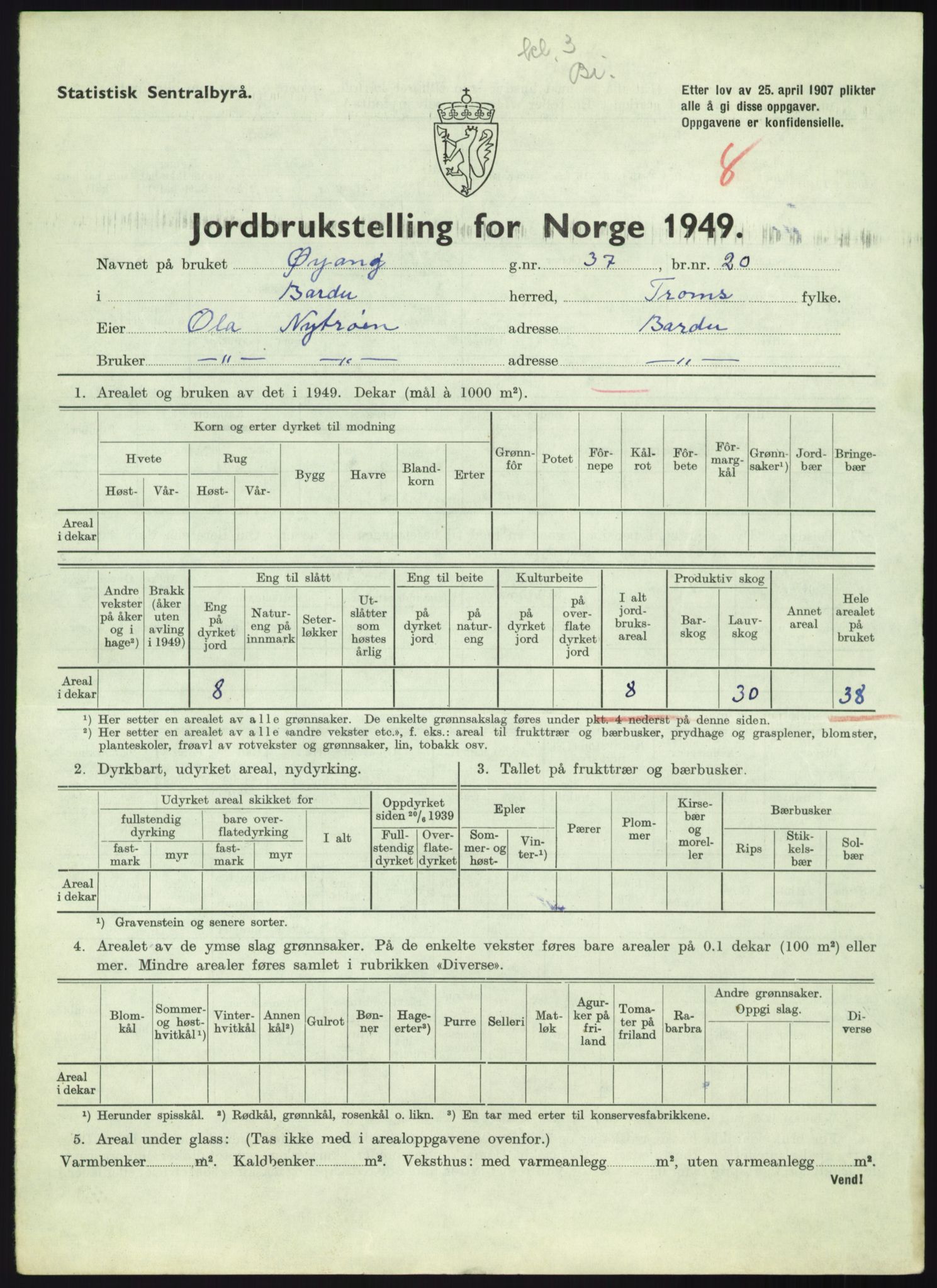 Statistisk sentralbyrå, Næringsøkonomiske emner, Jordbruk, skogbruk, jakt, fiske og fangst, AV/RA-S-2234/G/Gc/L0438: Troms: Salangen og Bardu, 1949, s. 945