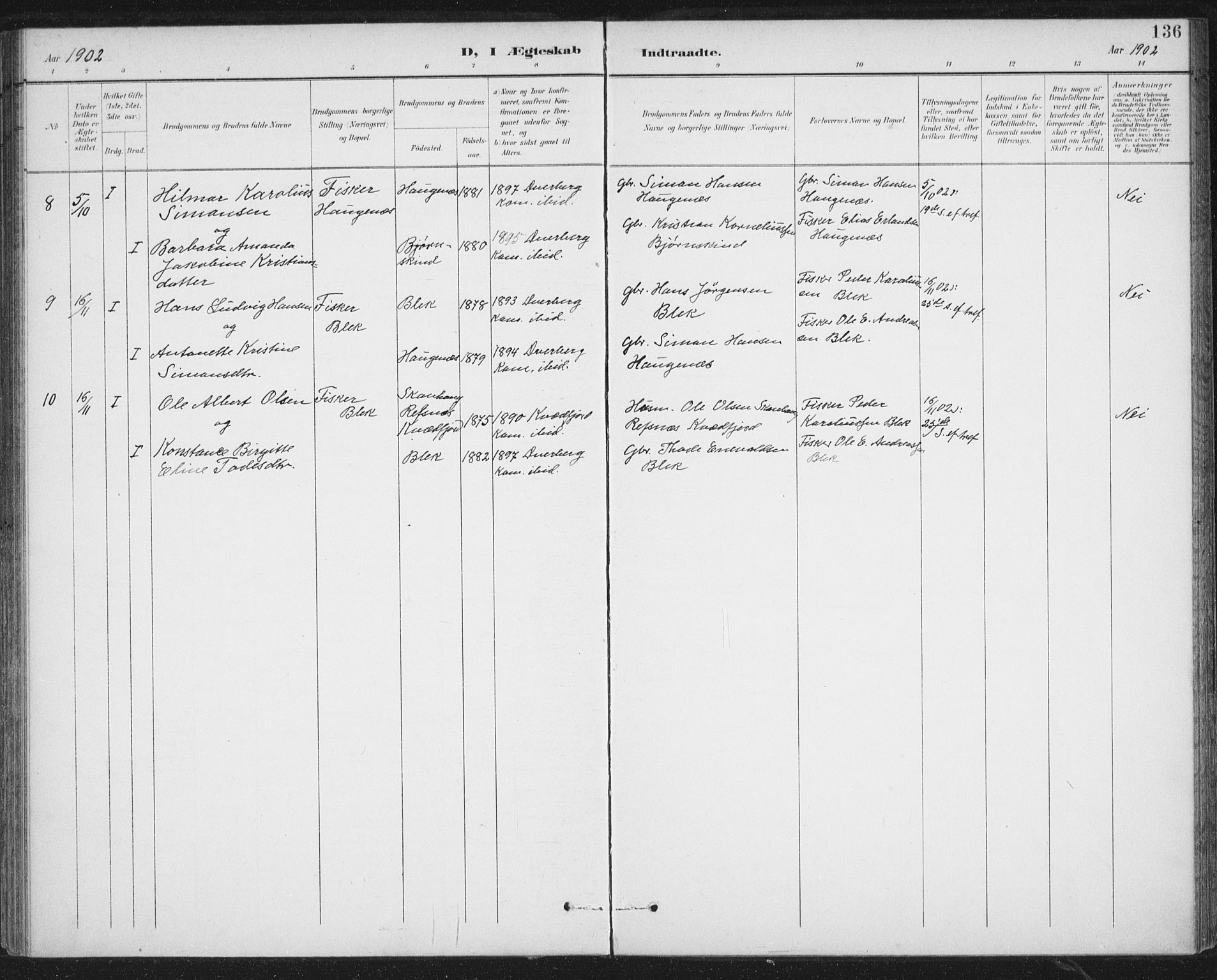 Ministerialprotokoller, klokkerbøker og fødselsregistre - Nordland, SAT/A-1459/899/L1437: Ministerialbok nr. 899A05, 1897-1908, s. 136