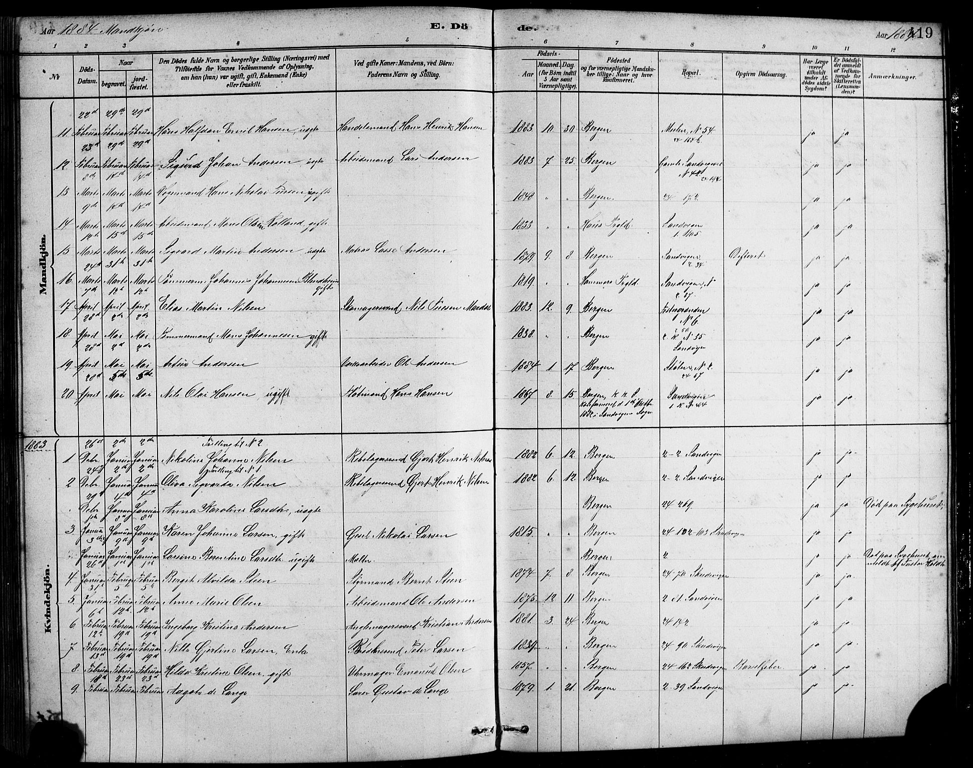 Sandviken Sokneprestembete, AV/SAB-A-77601/H/Hb/L0001: Klokkerbok nr. A 2, 1879-1892, s. 419