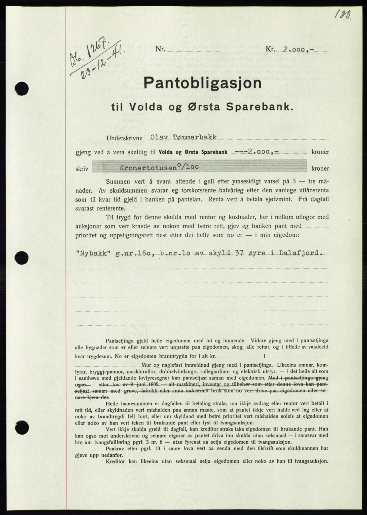 Søre Sunnmøre sorenskriveri, AV/SAT-A-4122/1/2/2C/L0073: Pantebok nr. 67, 1941-1942, Dagboknr: 1267/1941