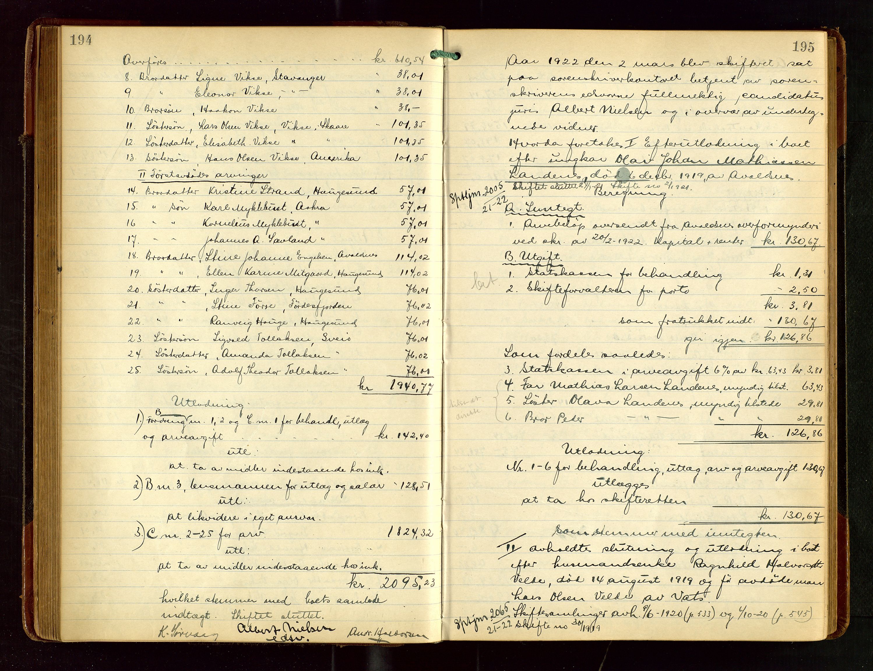 Karmsund sorenskriveri, AV/SAST-A-100311/01/IV/IVGB/L0003: SKIFTEUTLODNINGSPROTOKOLL, 1919-1925, s. 194-195