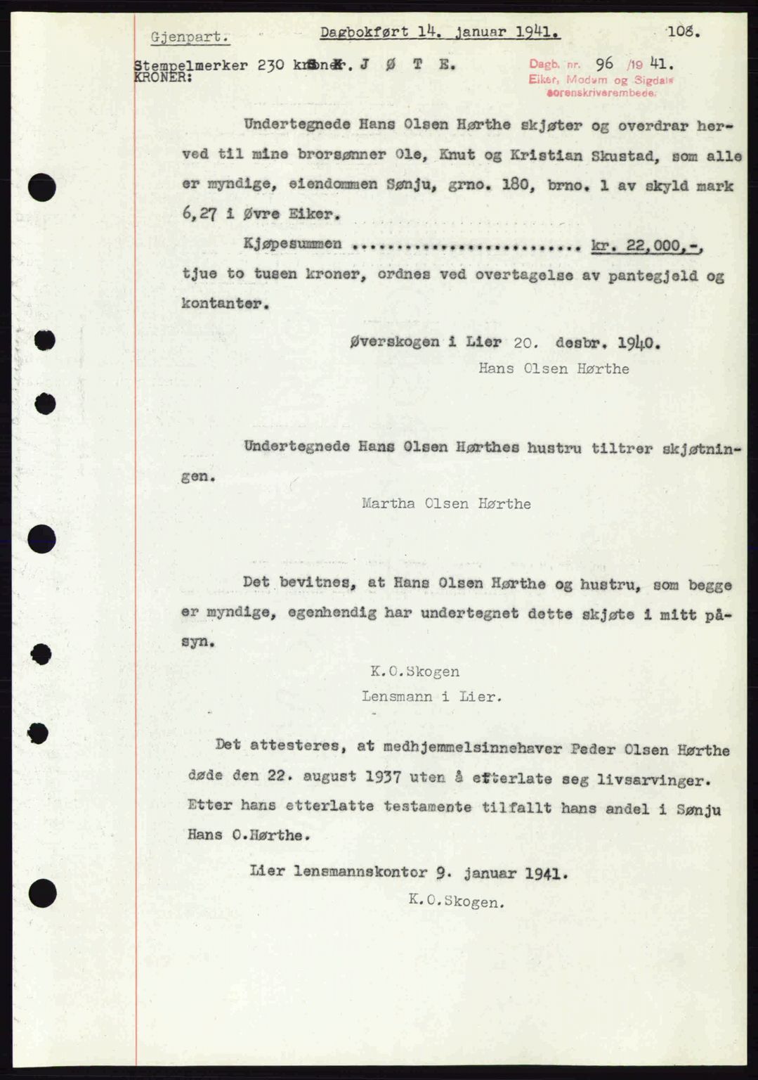 Eiker, Modum og Sigdal sorenskriveri, SAKO/A-123/G/Ga/Gab/L0043: Pantebok nr. A13, 1940-1941, Dagboknr: 96/1941