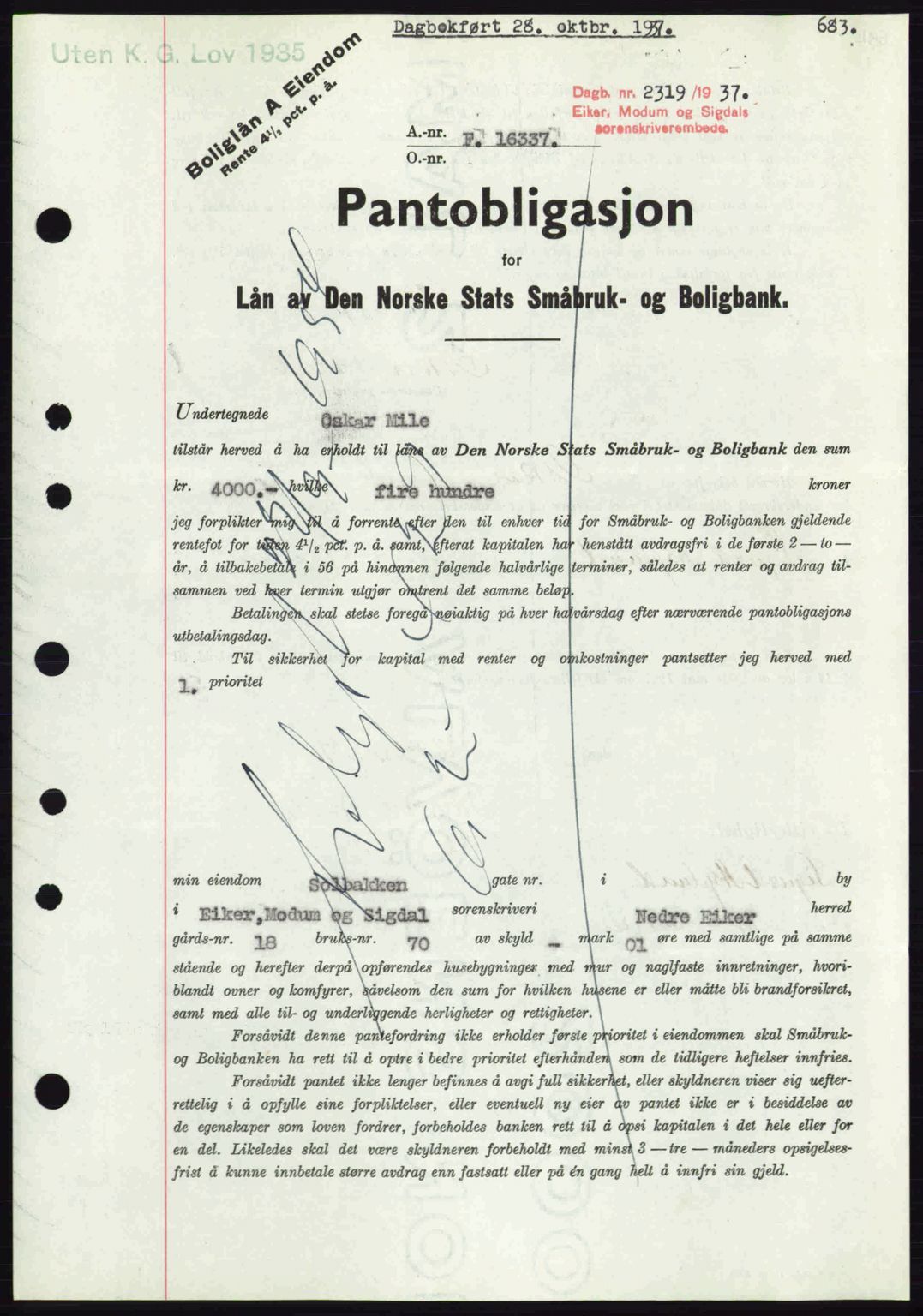 Eiker, Modum og Sigdal sorenskriveri, SAKO/A-123/G/Ga/Gab/L0036: Pantebok nr. A6, 1937-1937, Dagboknr: 2319/1937