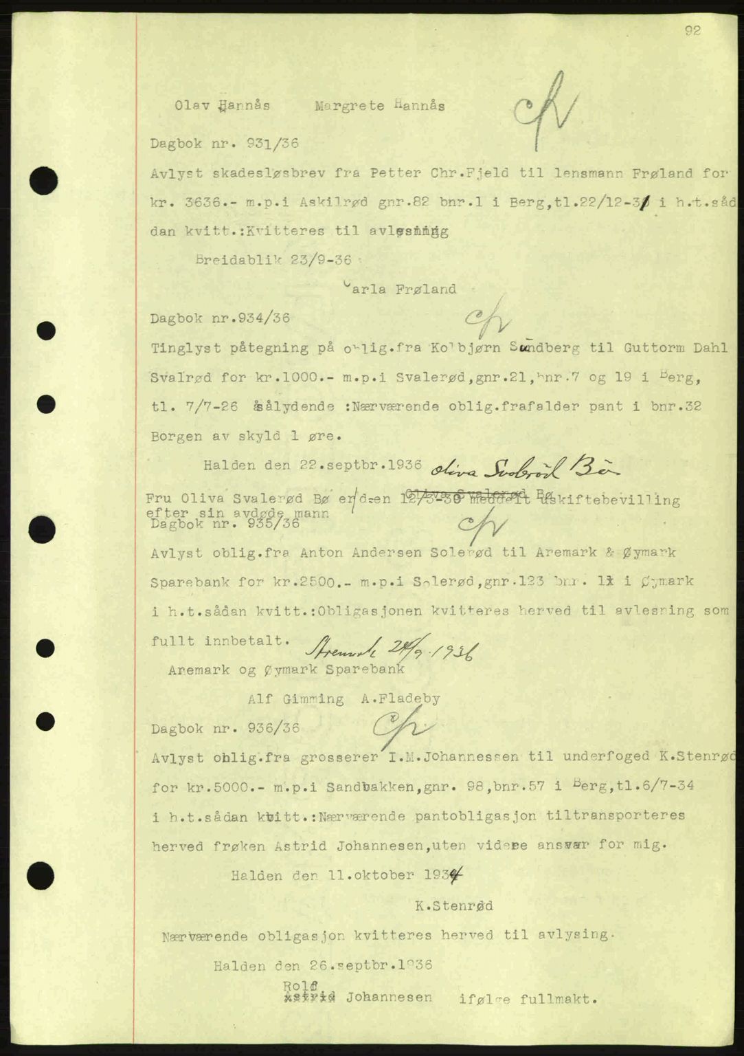 Idd og Marker sorenskriveri, AV/SAO-A-10283/G/Gb/Gbc/L0001: Pantebok nr. B1-3, 1936-1939, Dagboknr: 931/1936